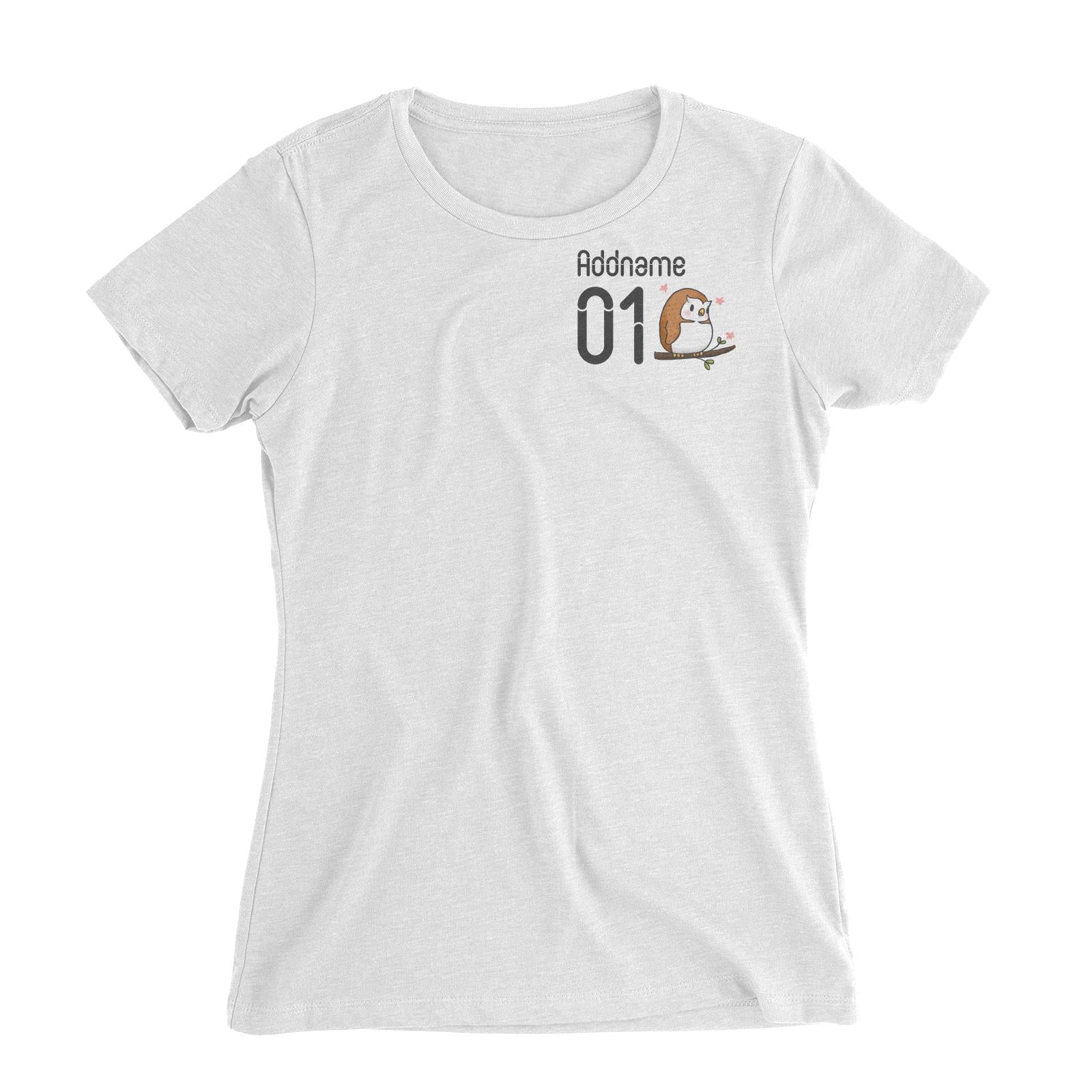Pocket Name and Number Cute Hand Drawn Style Owl Women's Slim Fit T-Shirt