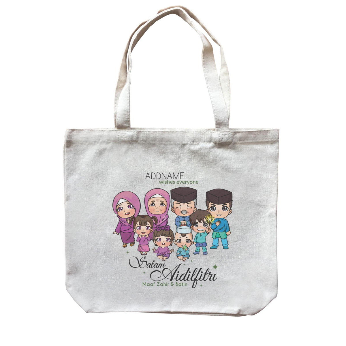 Raya Chibi Big Family Addname Wishes Everyone Salam Aidilfitri Maaf Zahir &amp; Batin Accessories Canvas Bag
