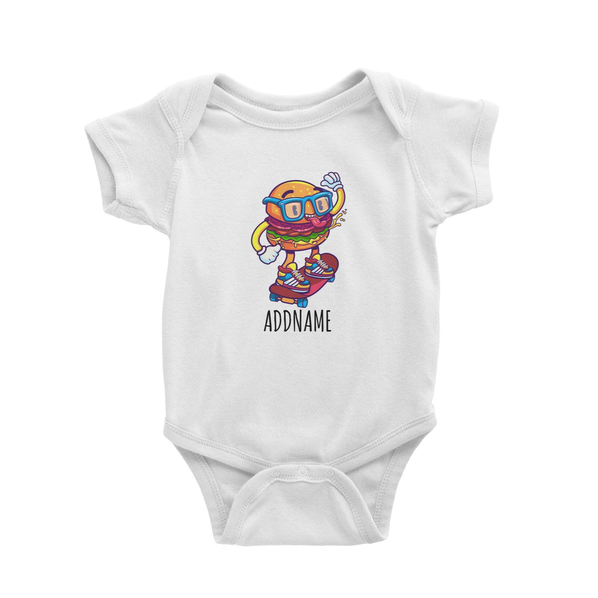 Cartoon Skateboard Cool Burger White White Baby Romper