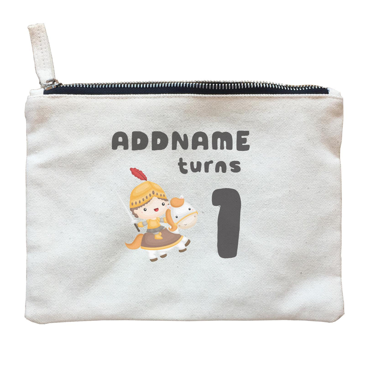 Birthday Royal Knight Boy Ridding Horse Addname Turns 1 Zipper Pouch