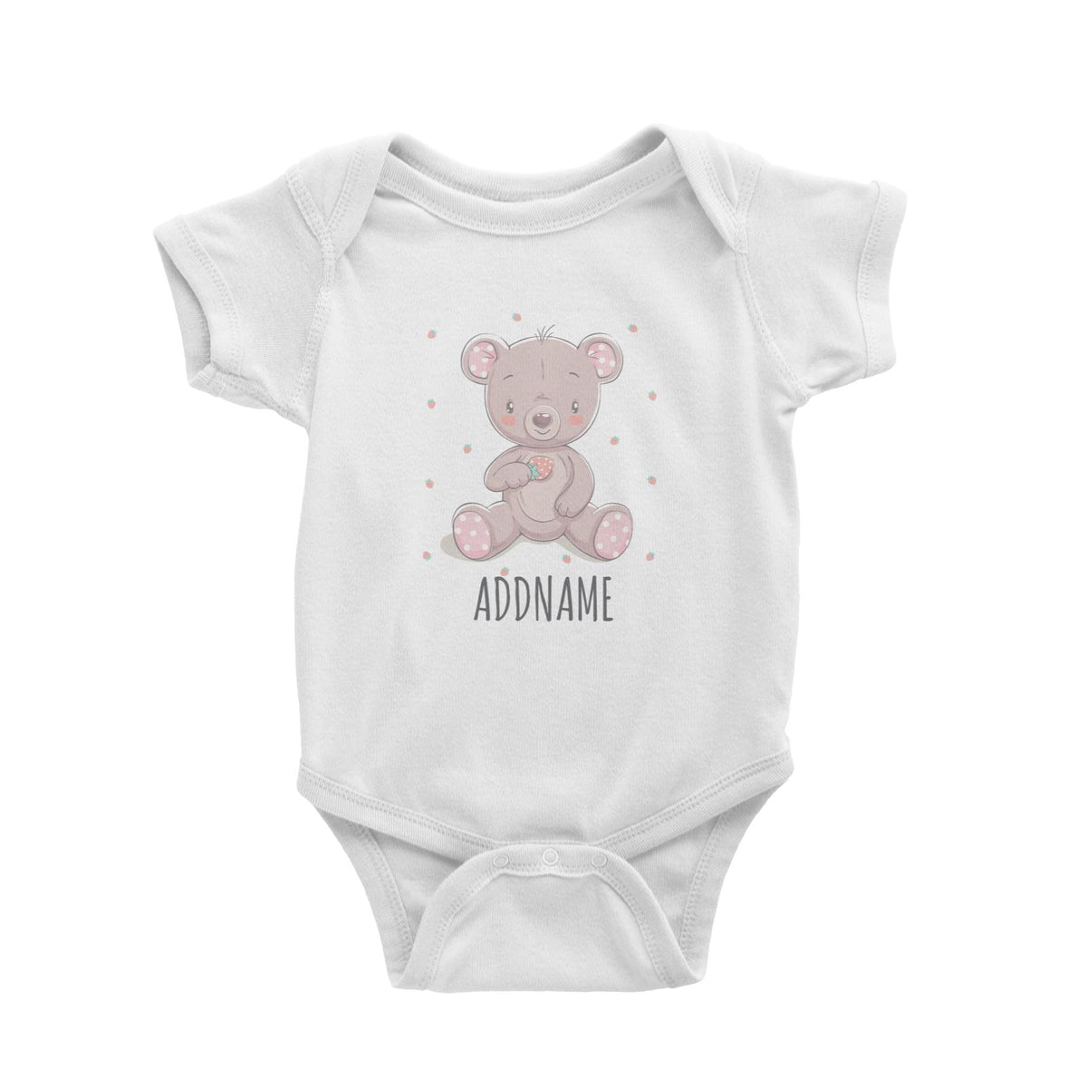 Girl Bear with Strawberry White Baby Romper Personalizable Designs Cute Sweet Animal For Girls Pinky HG