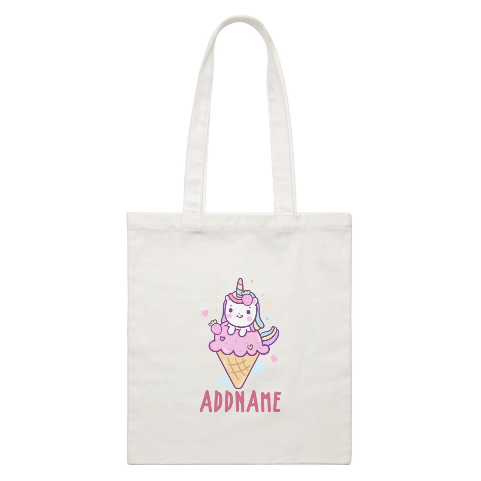 Unicorn And Princess Series Unicorn Hugging Ice Cream Addname White Canvas Bag
