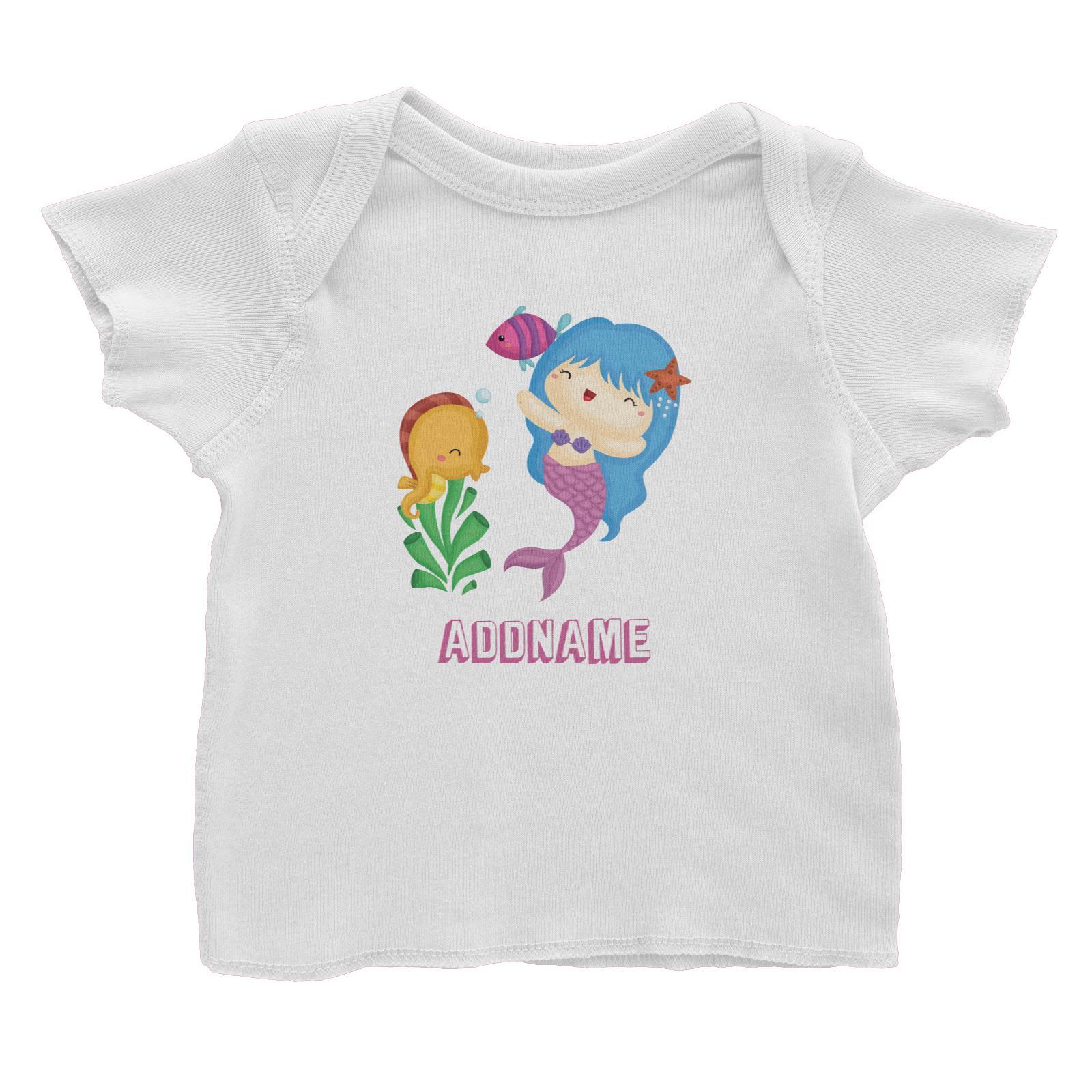 Birthday Mermaid Blue Hair Mermaid Playing With Seahorse Addname Baby T-Shirt