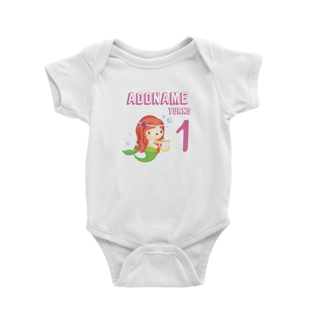 Birthday Mermaid Red Long Hair Mermaid Playing Harp Addname Turns 1 Baby Romper