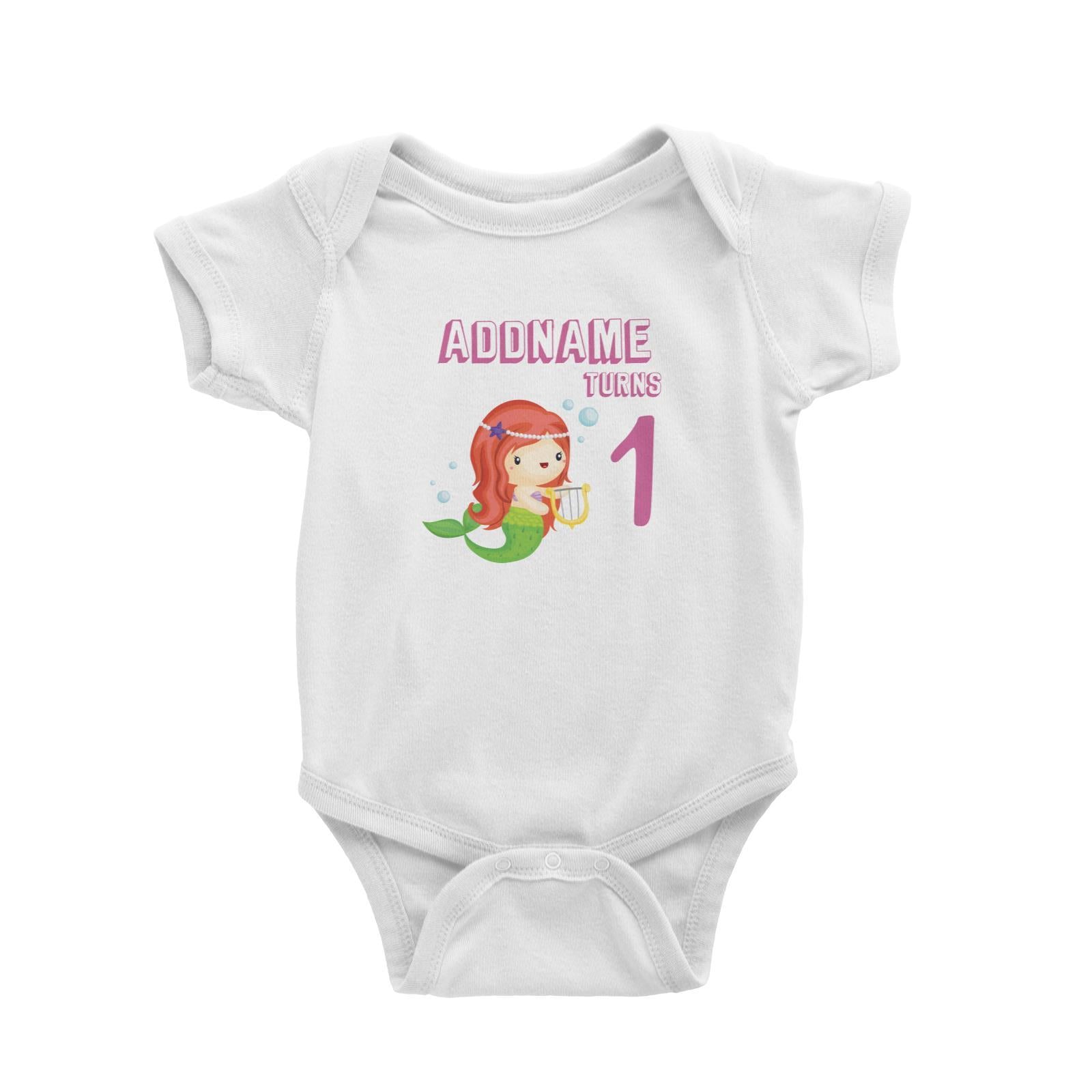 Birthday Mermaid Red Long Hair Mermaid Playing Harp Addname Turns 1 Baby Romper