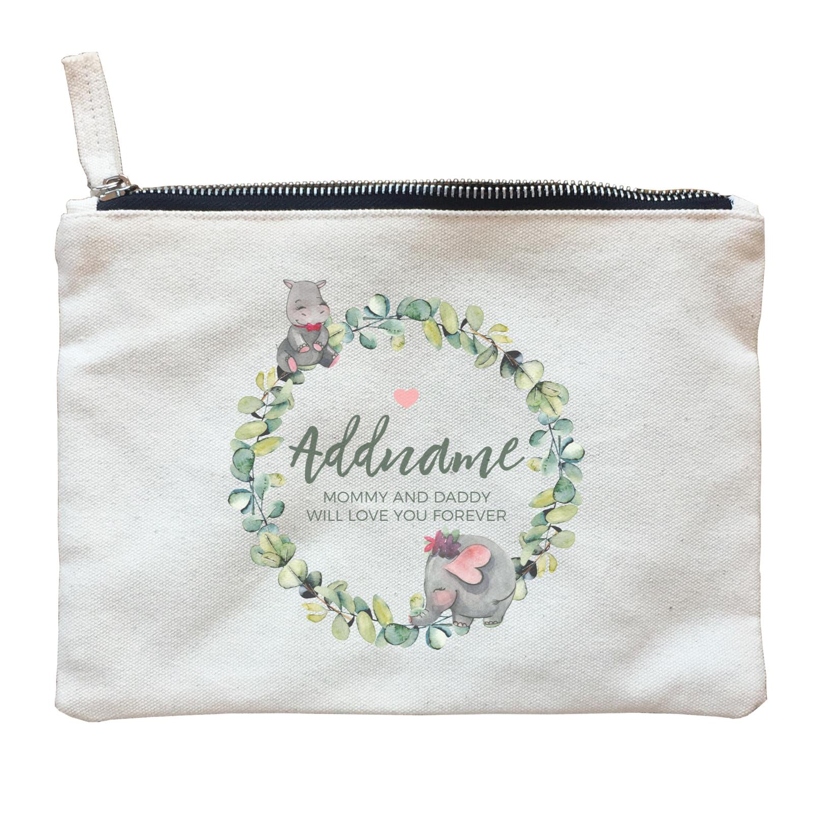 Watercolour Hippo and Elephant Leaf Wreath Personalizable with Name and Text Zipper Pouch