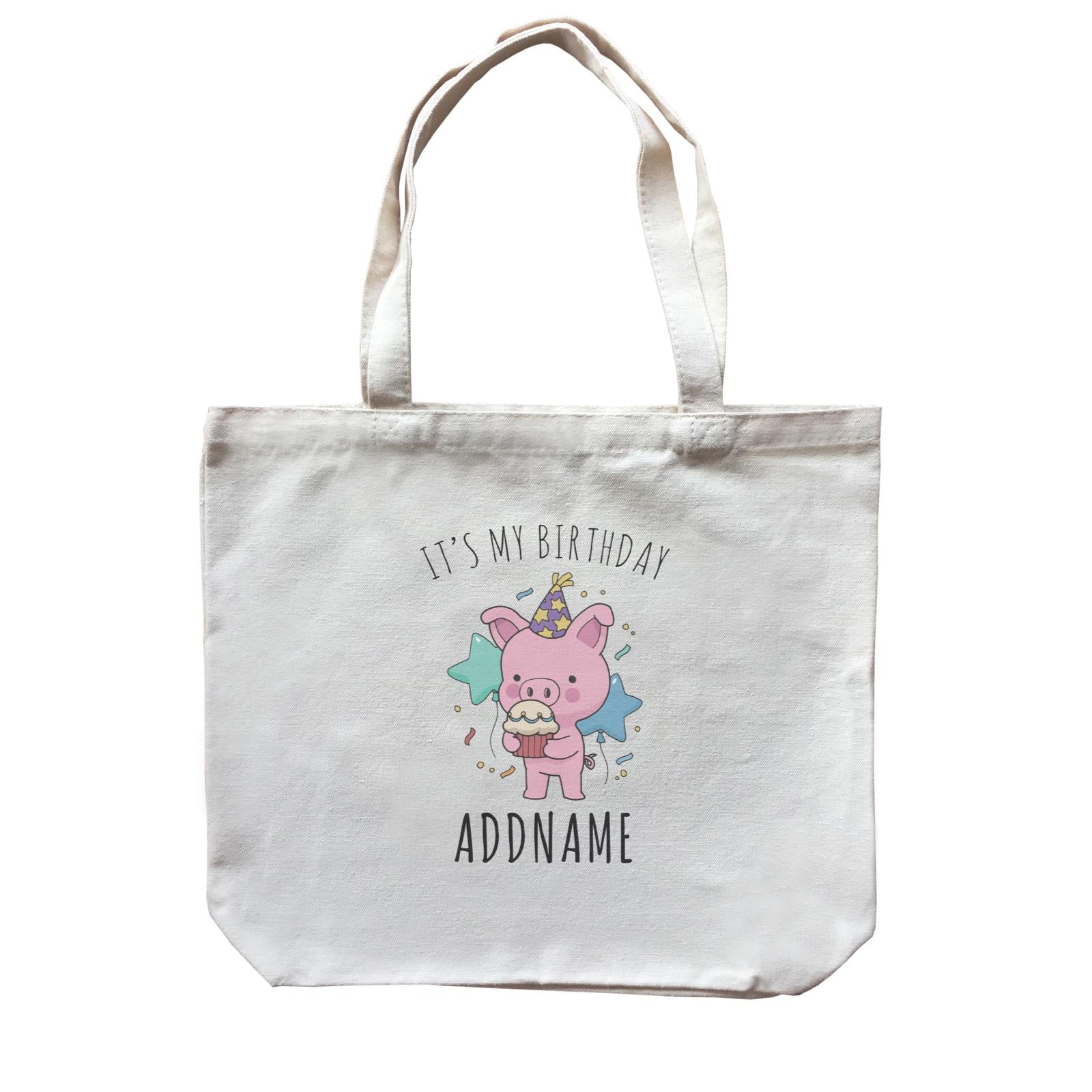Birthday Sketch Animals Pig with Party Hat Eating Cupcake It's My Birthday Addname Canvas Bag