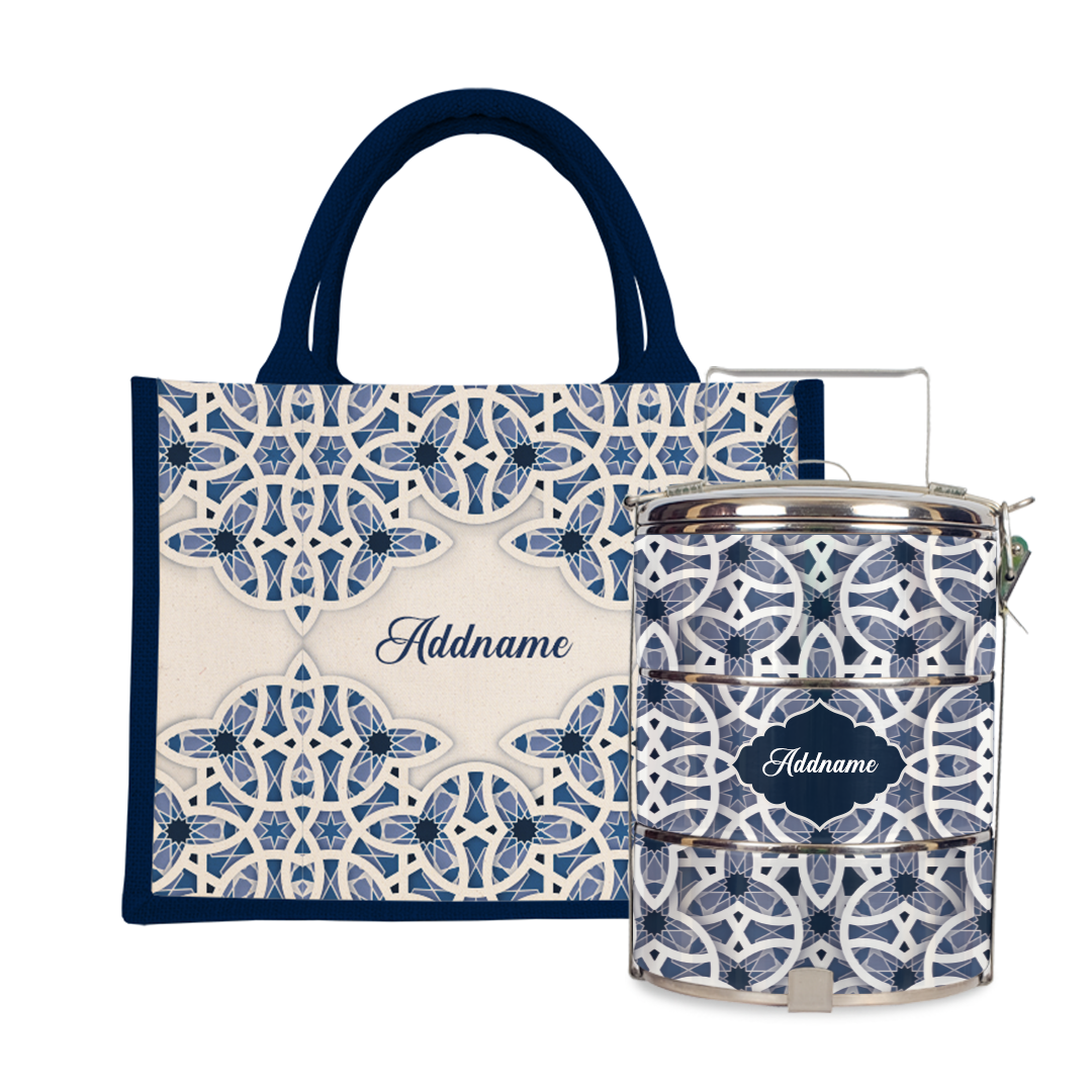 Ratu Series - Blue Tiffin Carrier with Half Lining Small Jute Bag