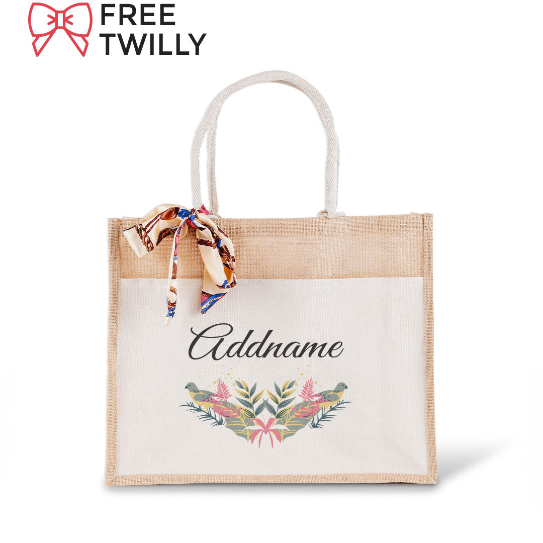 Tropical Bird Jute Bag with Front Pocket