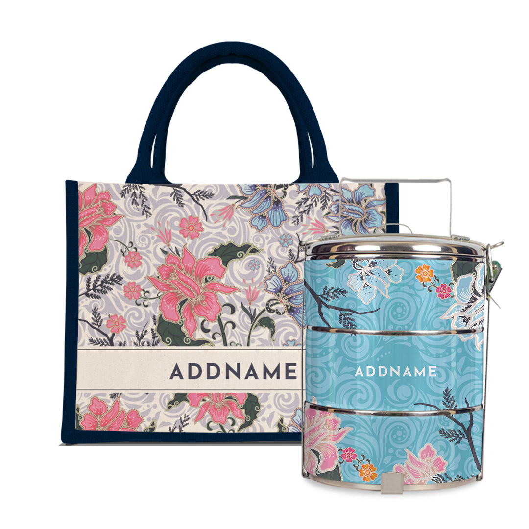 Modern Mahsuri Series - Legend Blue Half Lining Small Jute Bag with Tiffin Carrier