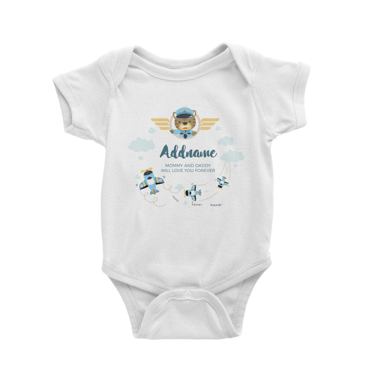 Cute Bear Pilot and Blue Planes Flying Personalizable with Name and Text Baby Romper