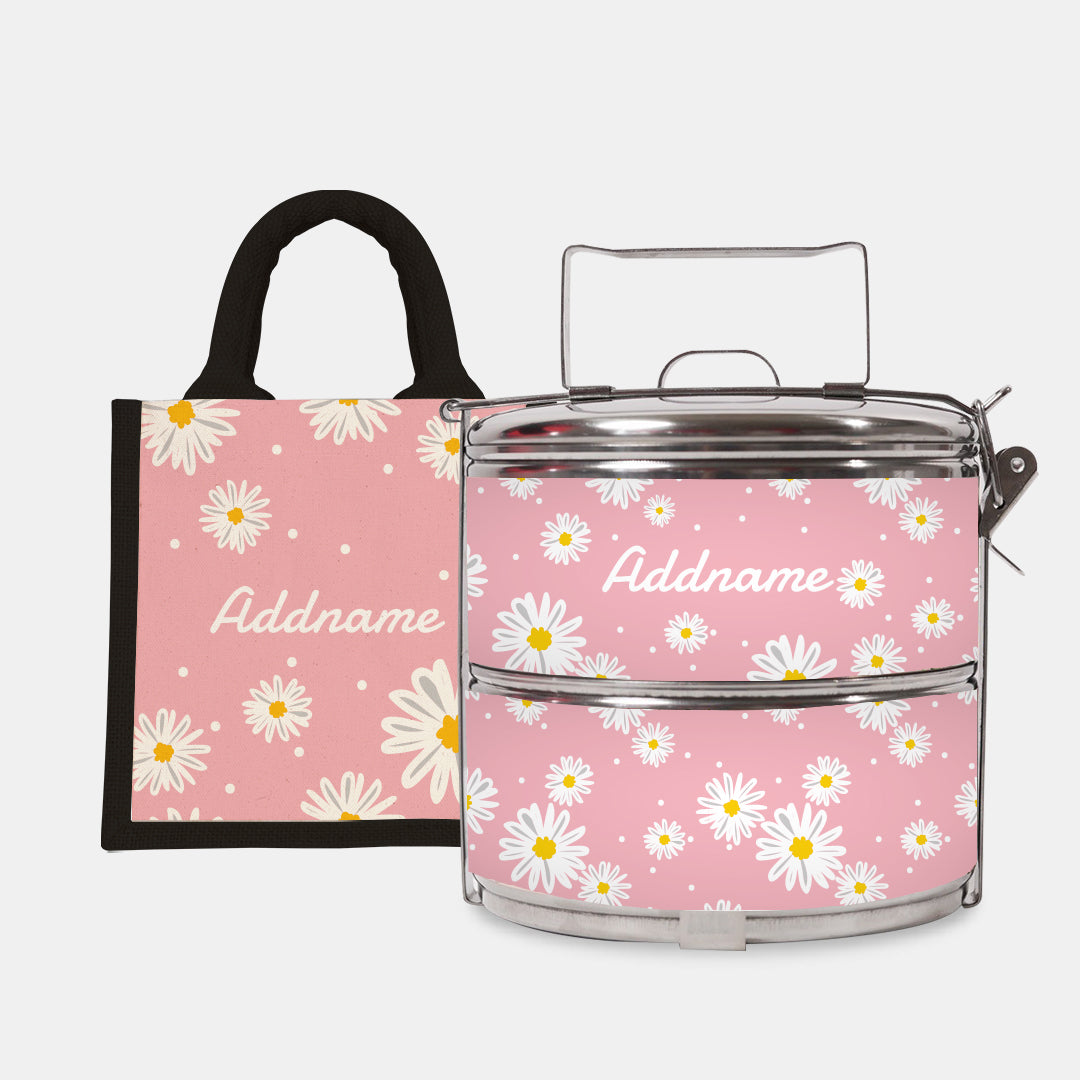 Daisy Series Half Lining Lunch Bag Wtih Standard Two Tier Tiffin Carrier - Blush Black