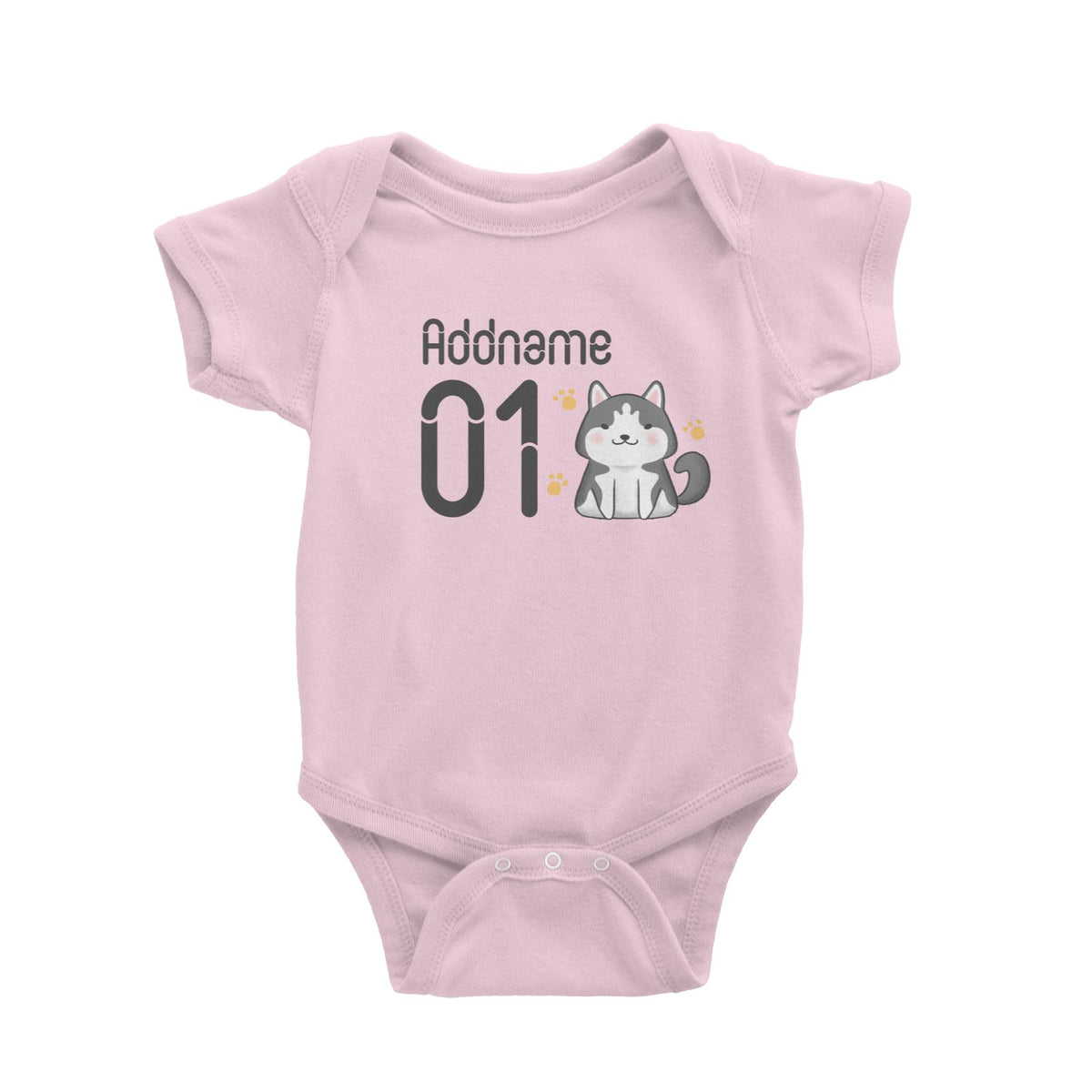 Name and Number Cute Hand Drawn Style Husky Baby Romper