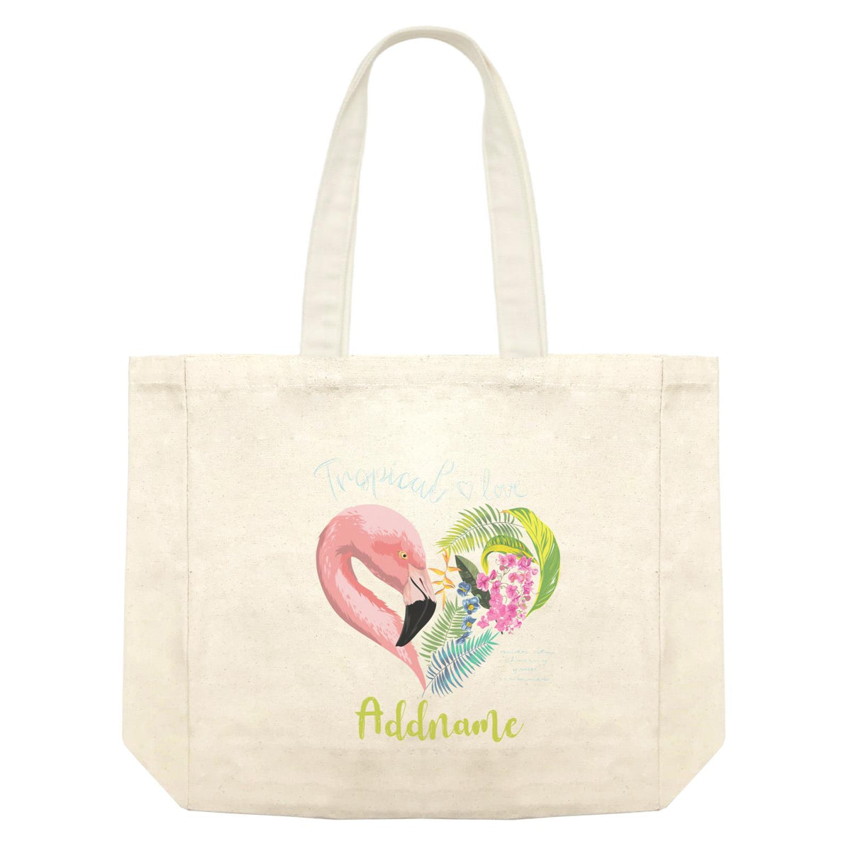Summer Tropical Plants and Pink Flamingo In Heart Love Shape With Addname Shopping Bag