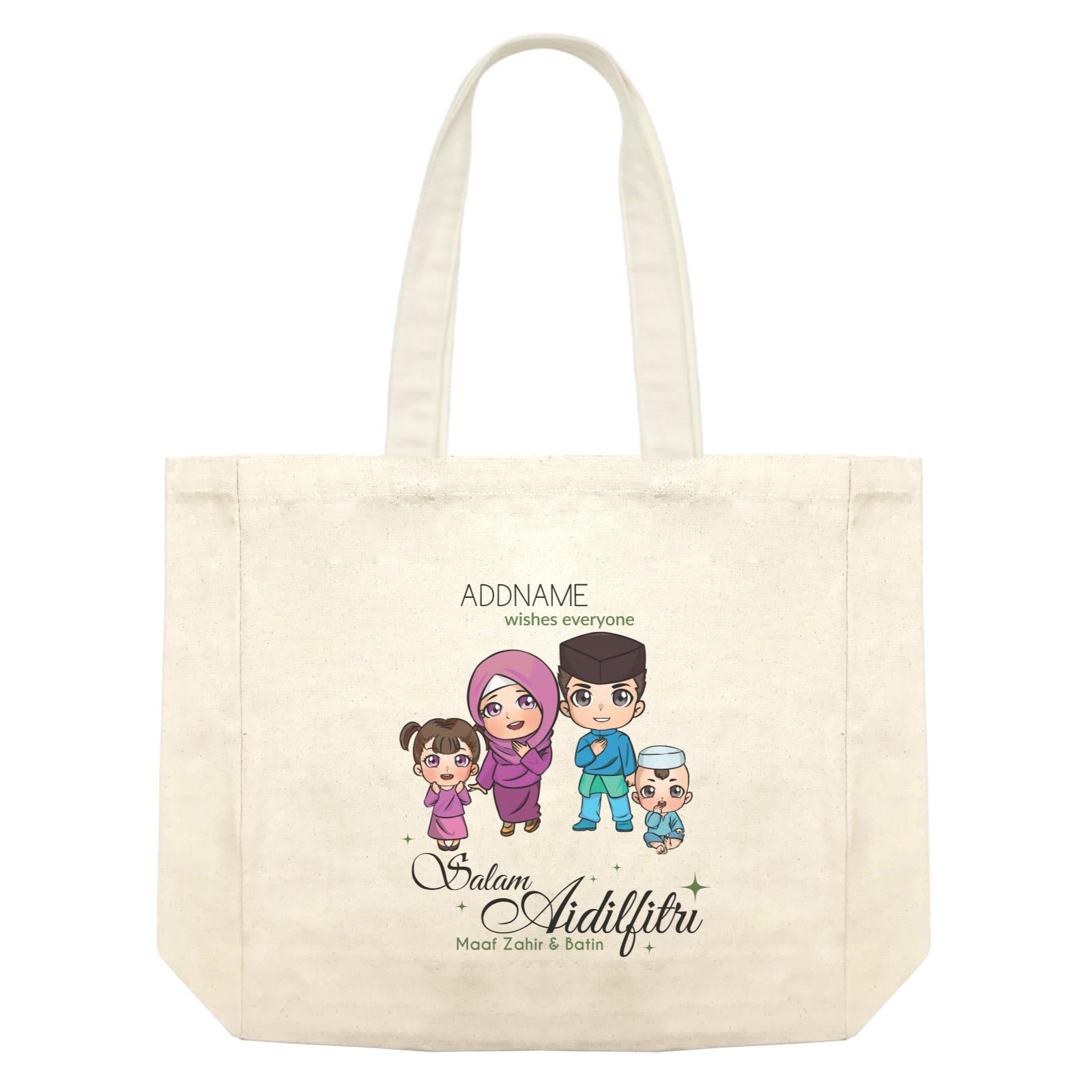 Raya Chibi Family Girl And Baby Boy Addname Wishes Everyone Salam Aidilfitri Maaf Zahir & Batin Shopping Bag