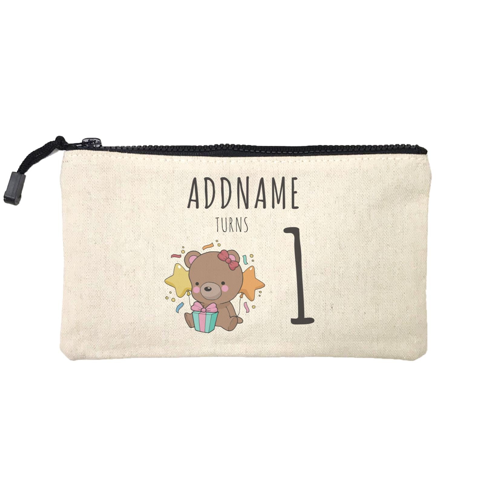 Birthday Sketch Animals Bear with Present Addname Turns 1 Mini Accessories Stationery Pouch