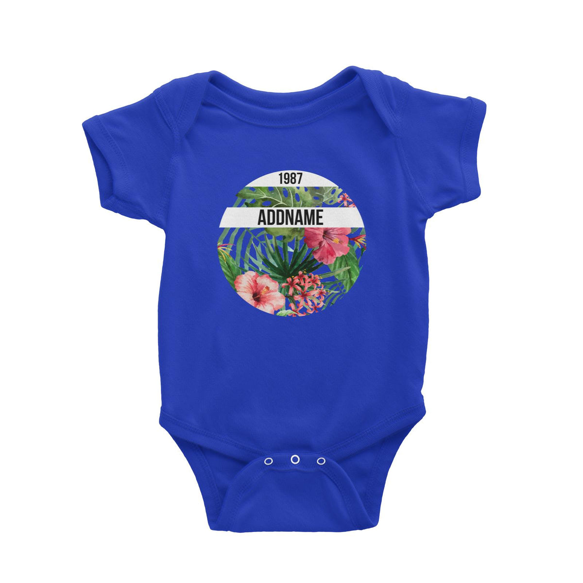 Tropical Leaves With Bunga Raya Personalizable with Name and Year Baby Romper