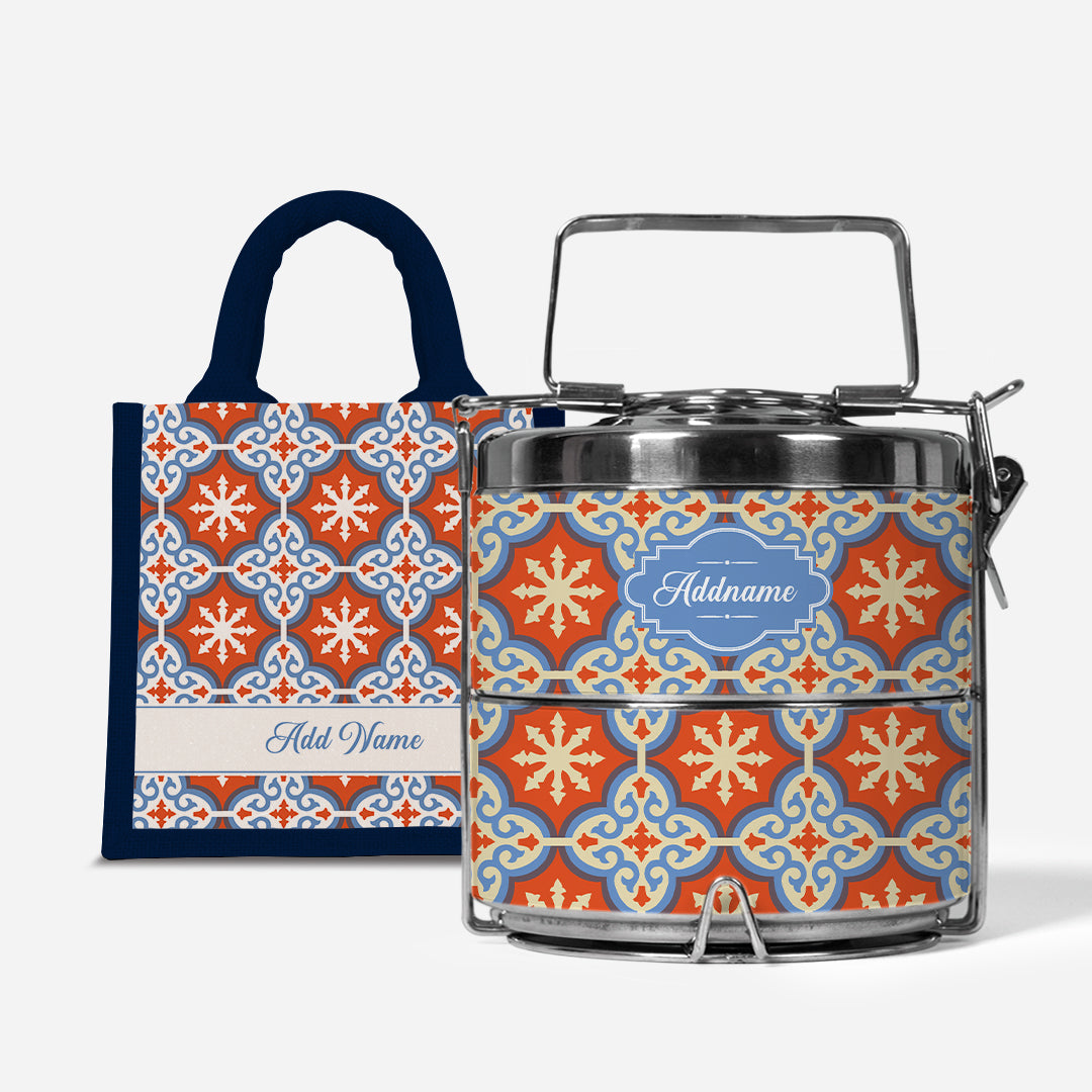 Moroccan Series Premium Two Tier Tiffin With Half Lining Lunch Bag  - Cherqi Navy
