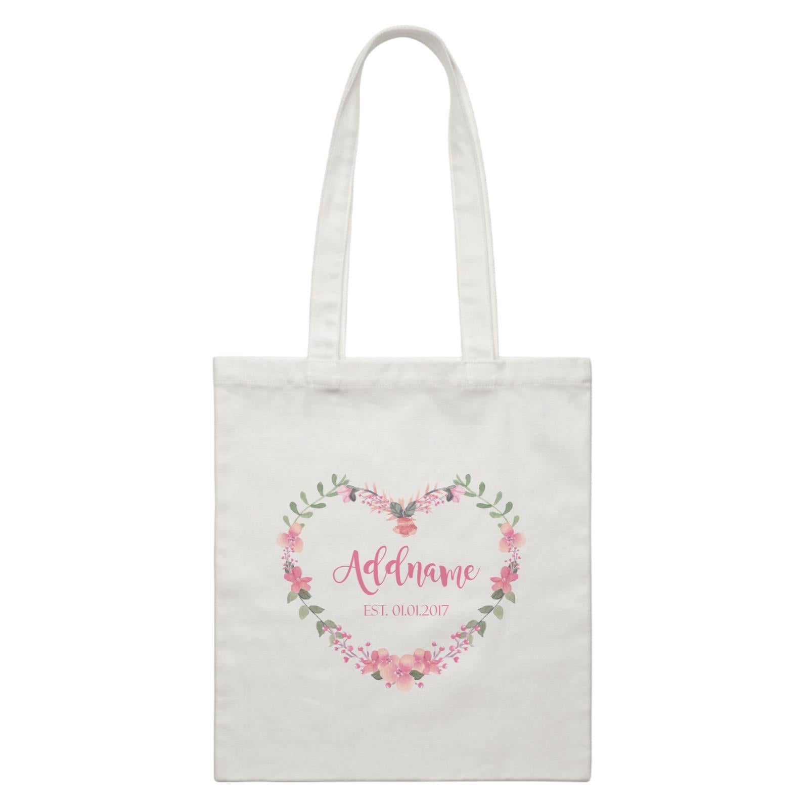 Add Name and Add Date in Pink Heart Shaped Flower Wreath White Canvas Bag