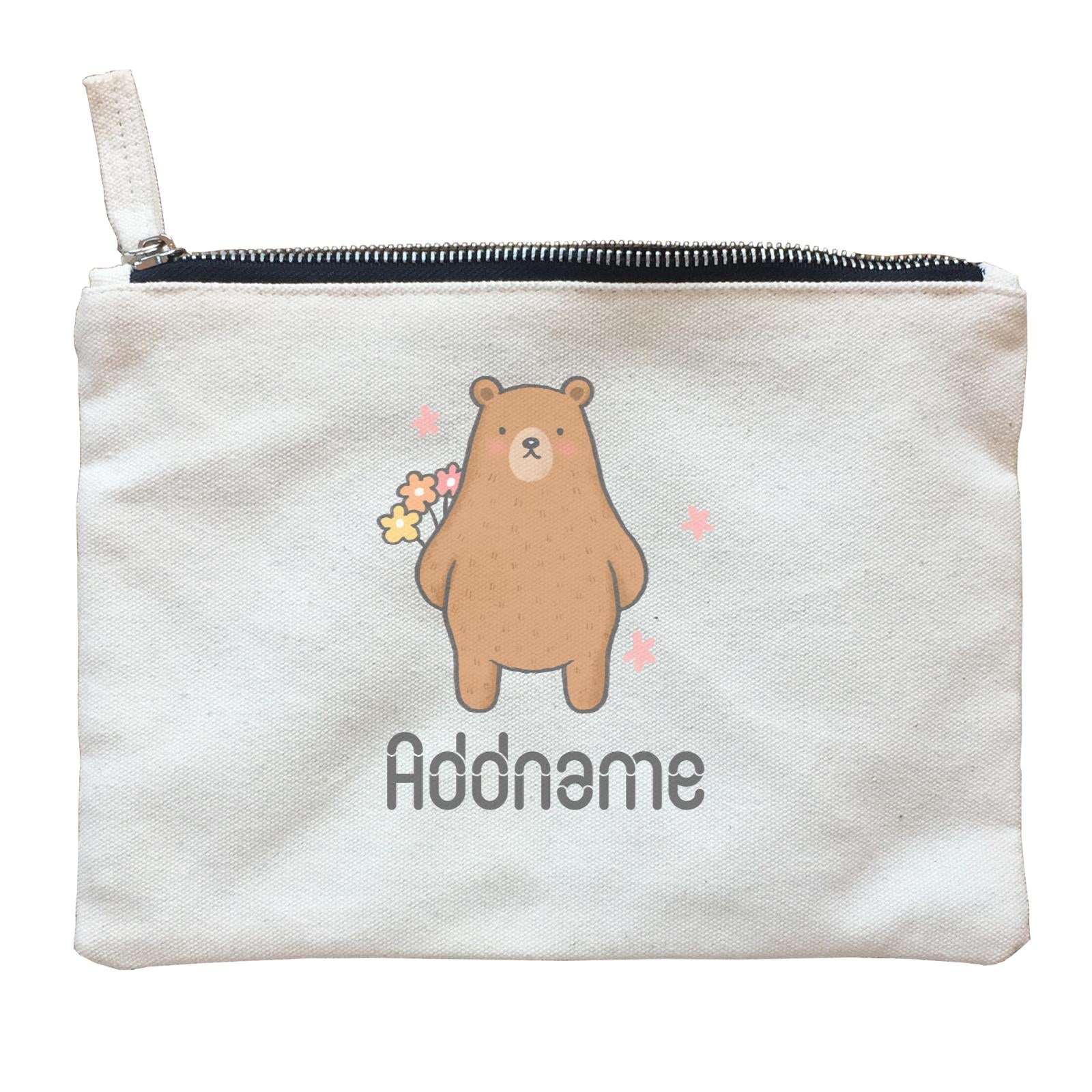 Cute Hand Drawn Style Bear with Flowers Addname Zipper Pouch