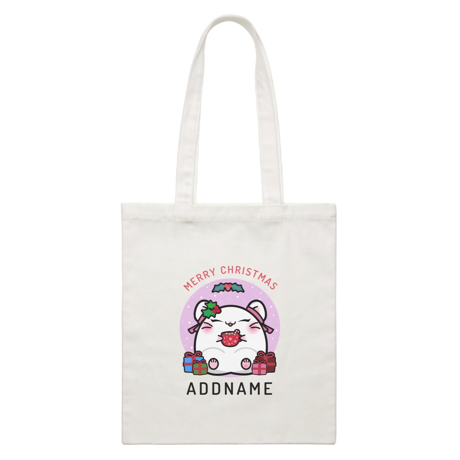 Merry Christmas Cute Santa Mistletoe Girl Hamster with Gifts White Canvas Bag