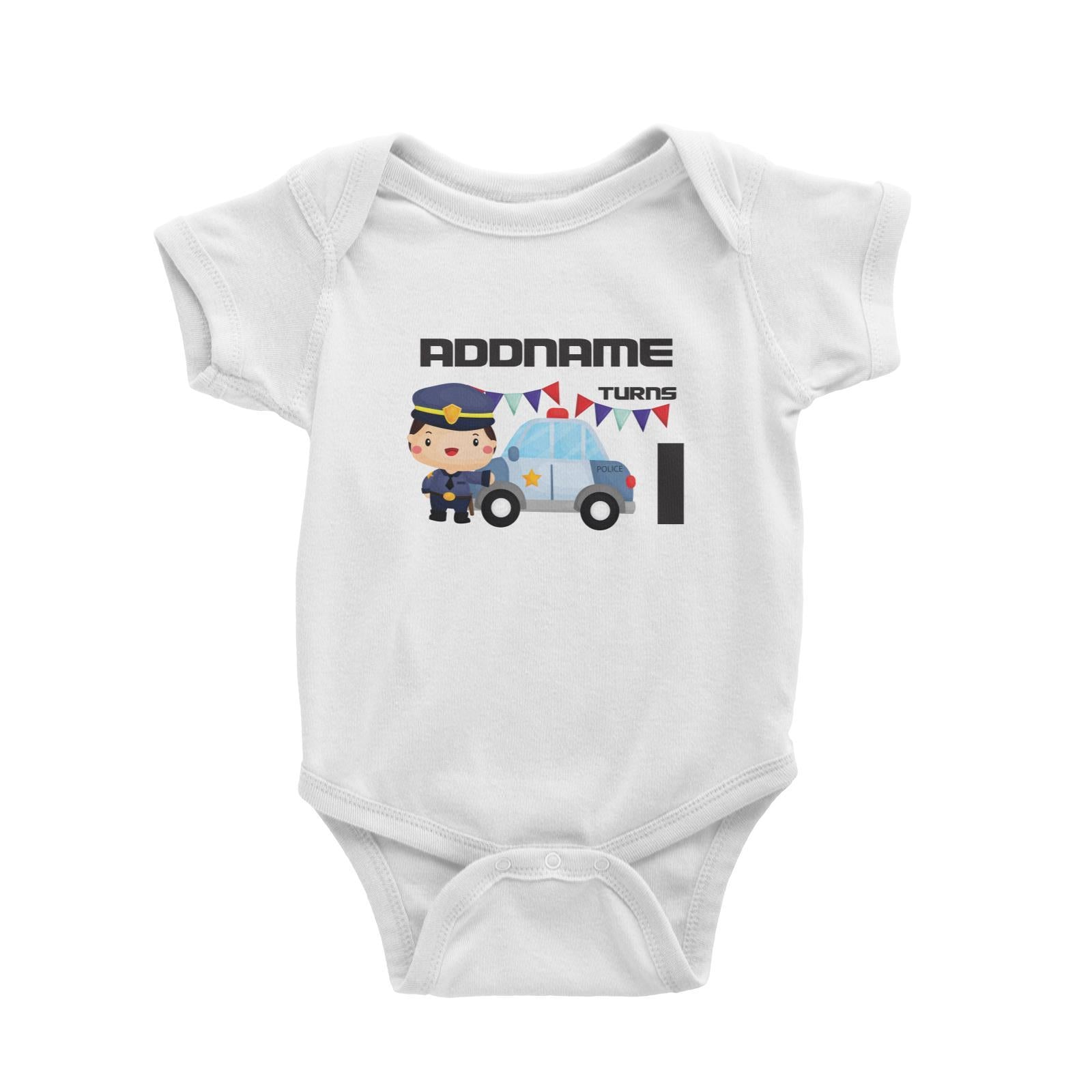 Birthday Police Officer Boy In Suit With Police Car Addname Turns 1 Baby Romper