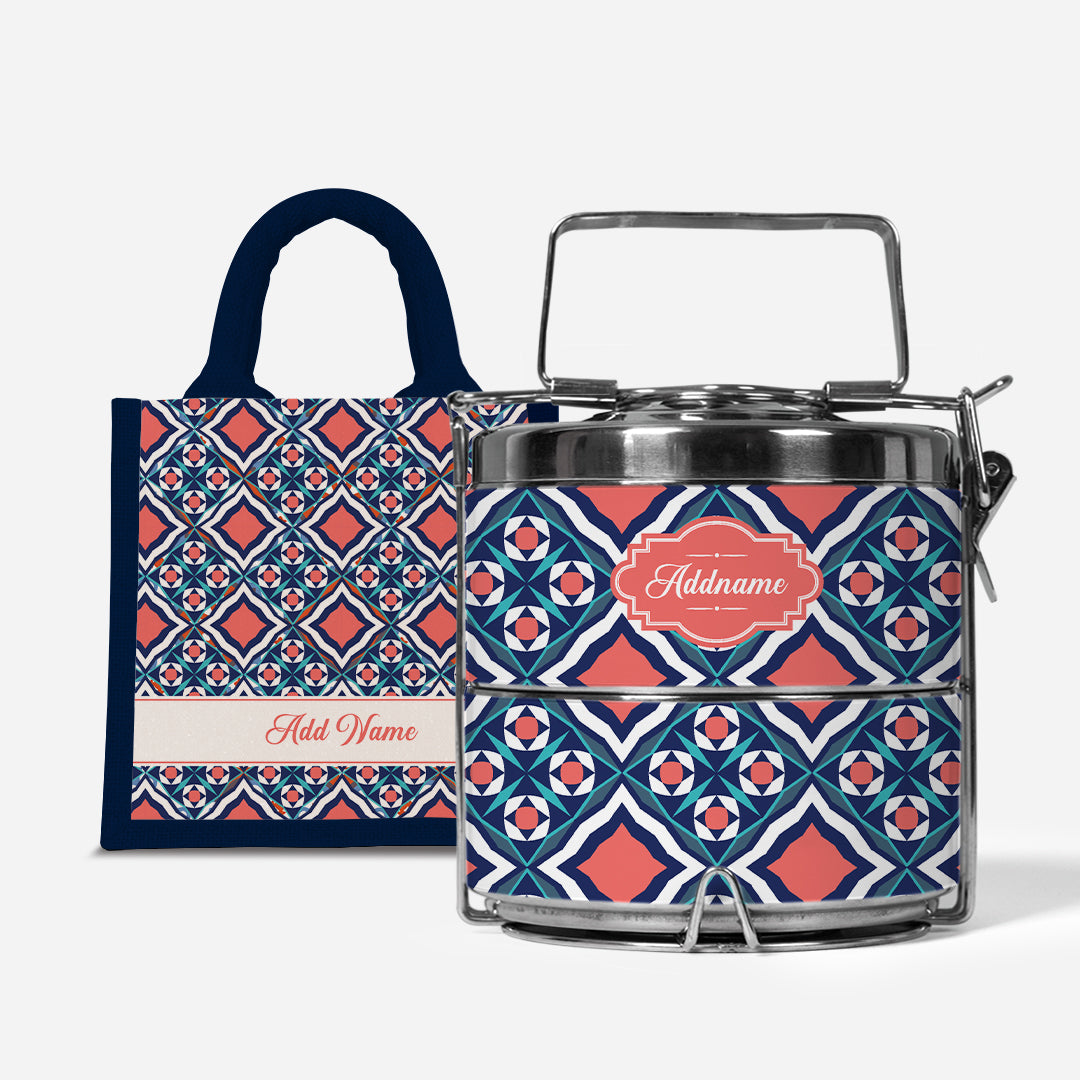 Moroccan Series Premium Two Tier Tiffin With Half Lining Lunch Bag  - Chihab Navy