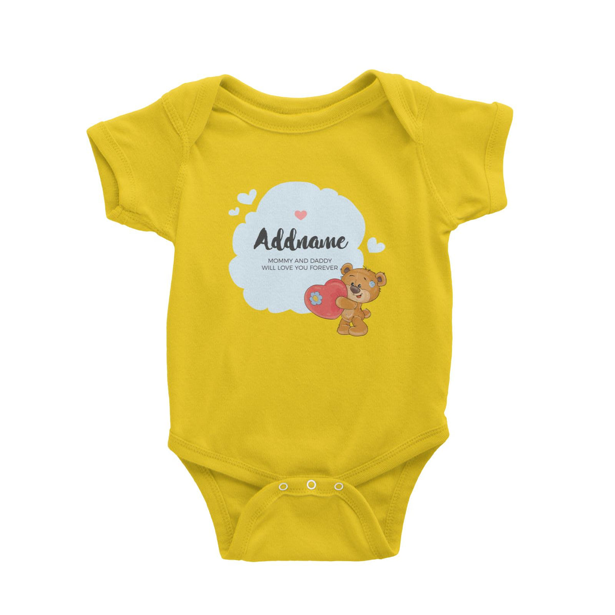 Cute Plush Bear with Big Heart and Blue Cloud Personalizable with Name and Text Baby Romper