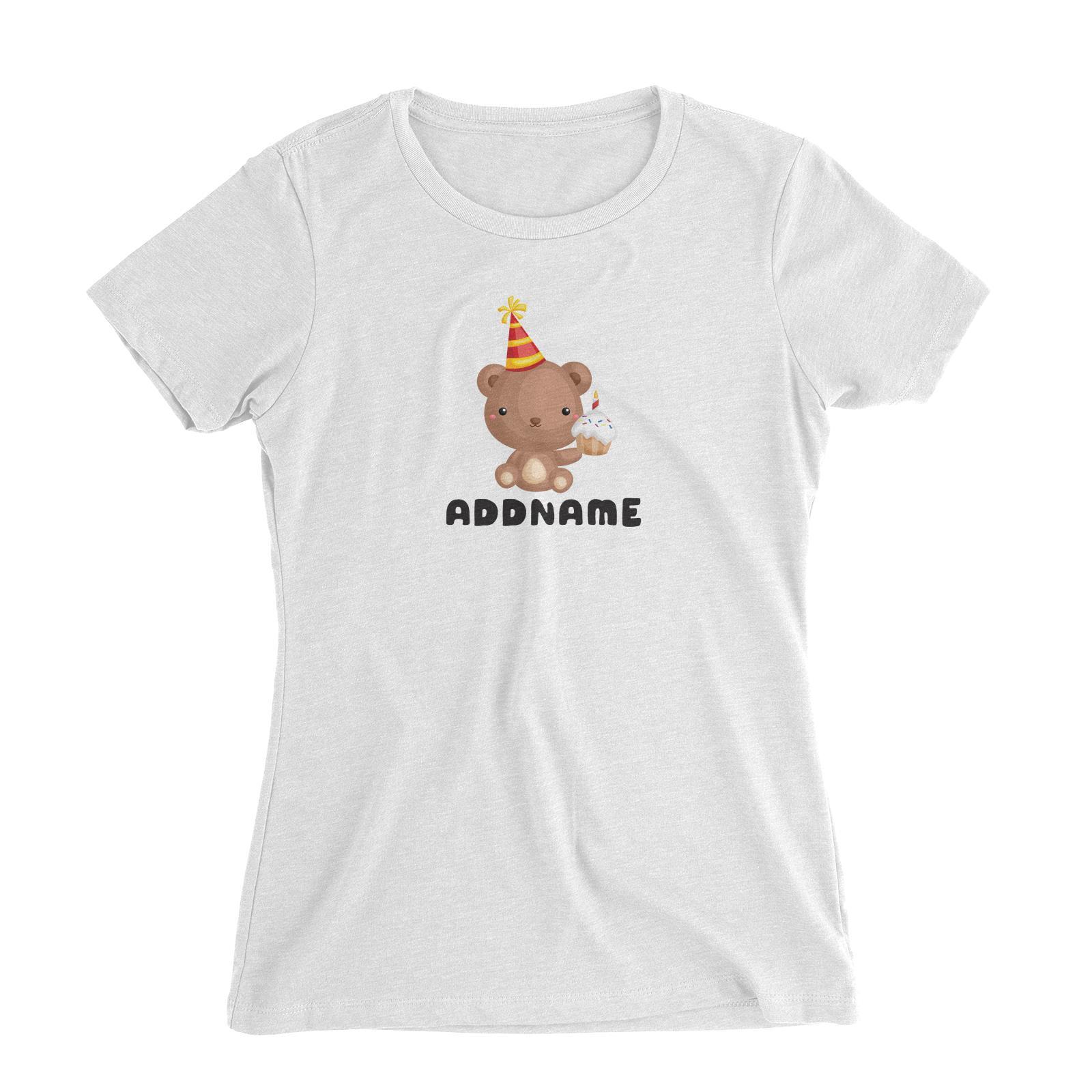 Birthday Friendly Animals Bear Holding Cupcake Addname Women's Slim Fit T-Shirt