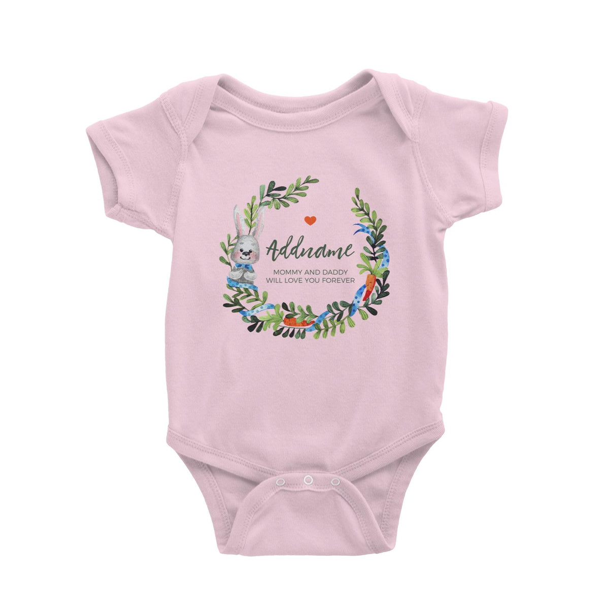 Watercolour Blue Rabbit and Carrots Wreath Personalizable with Name and Text Baby Romper