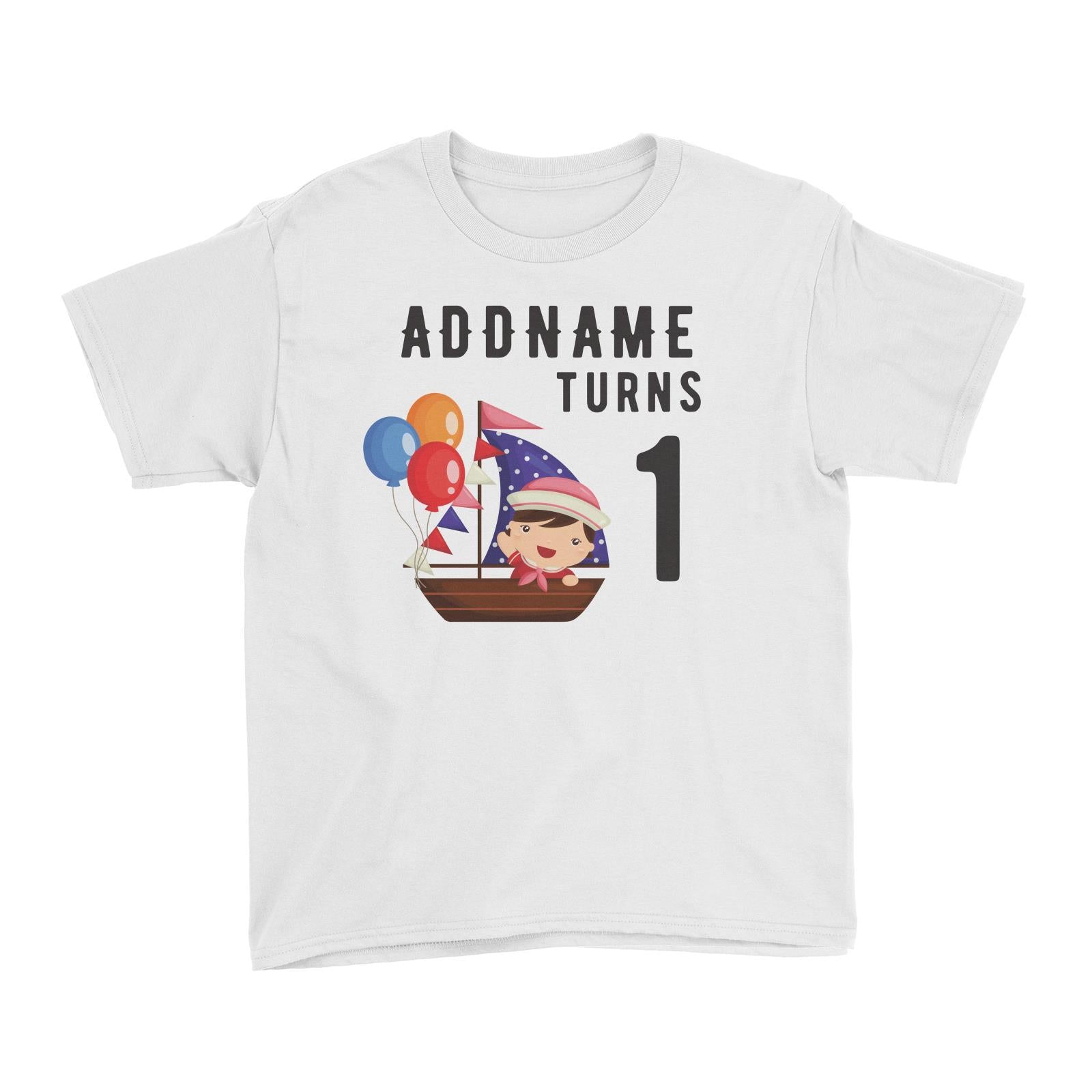 Birthday Sailor Baby Girl In Ship With Balloon Addname Turns 1 Kid's T-Shirt
