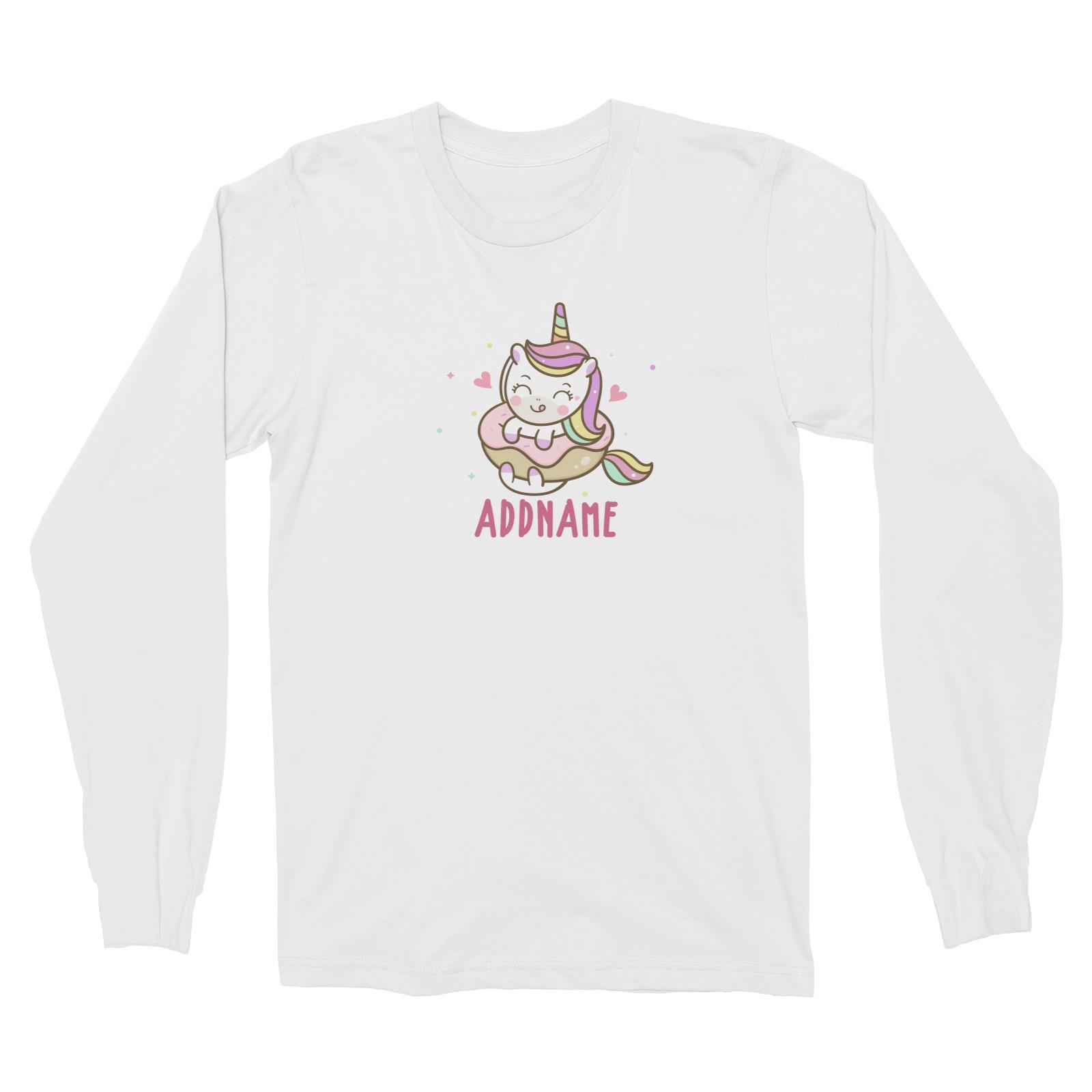 Unicorn And Princess Series Unicorn Eating Donut Addname Long Sleeve Unisex T-Shirt