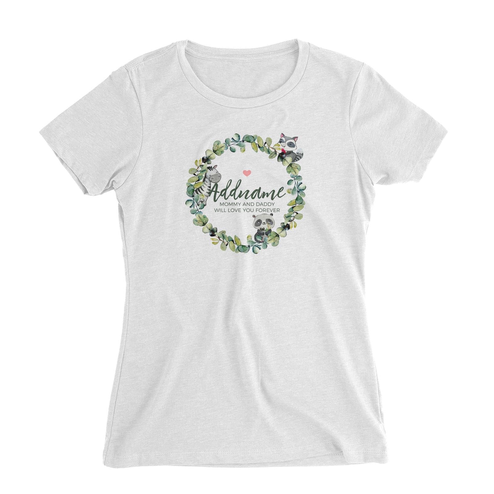 Watercolour Panda Zebra and Racoon Leaf Wreath Personalizable with Name and Text Women Slim Fit T-Shirt