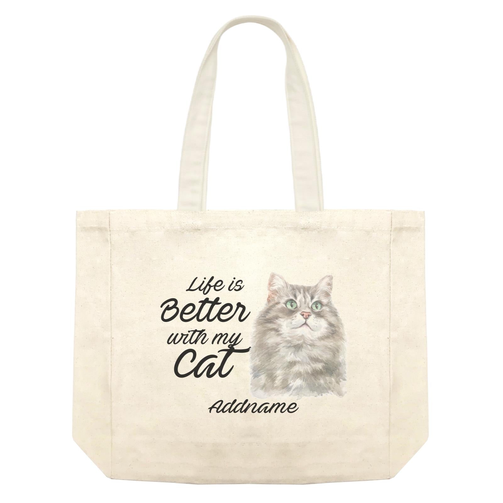 Watercolor Life is Better With My Cat Siberian Cat Grey Addname Shopping Bag