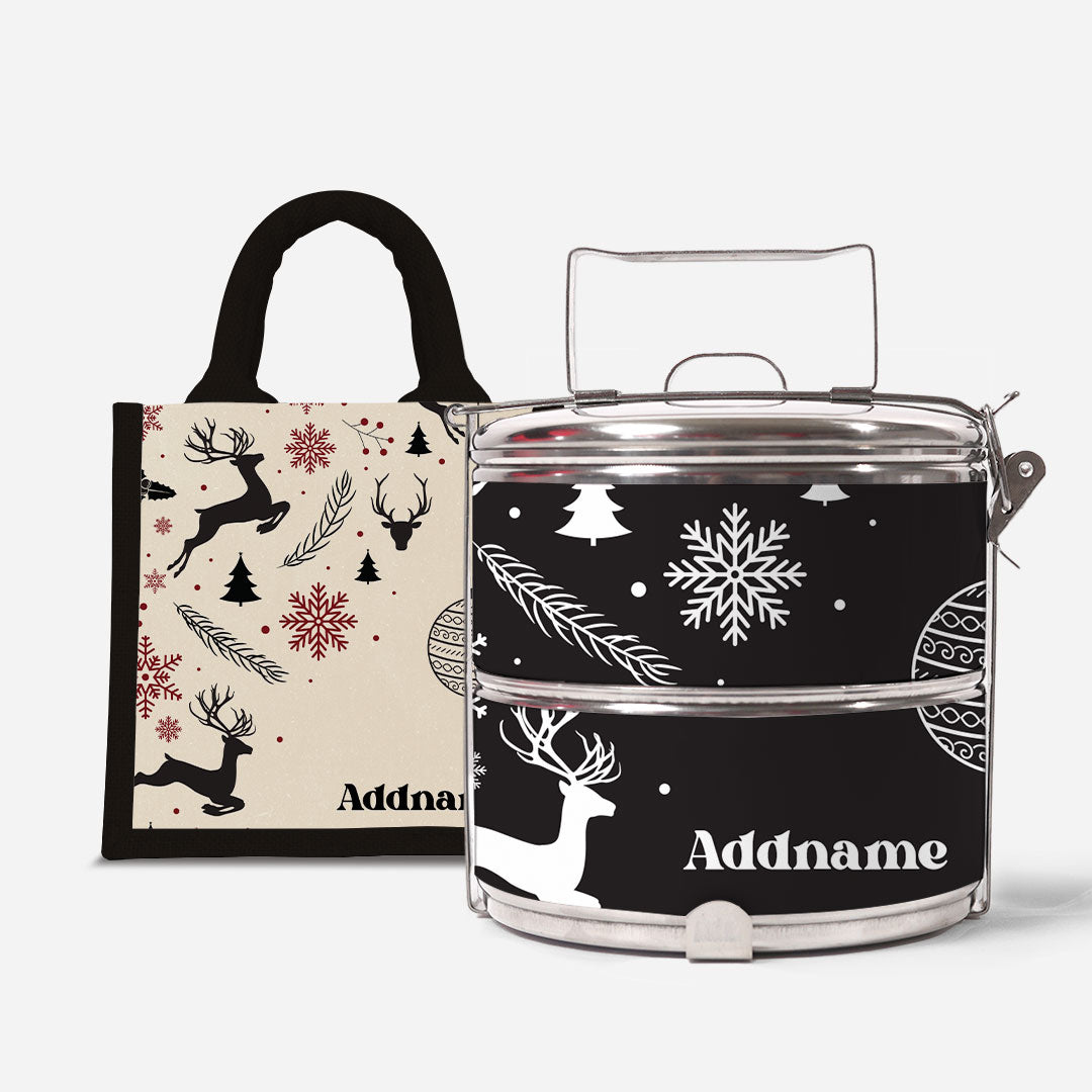 Christmas Series Standard Two Tier Tiffin  with Half Lining Lunch Bag Jubilant Reindeers Black