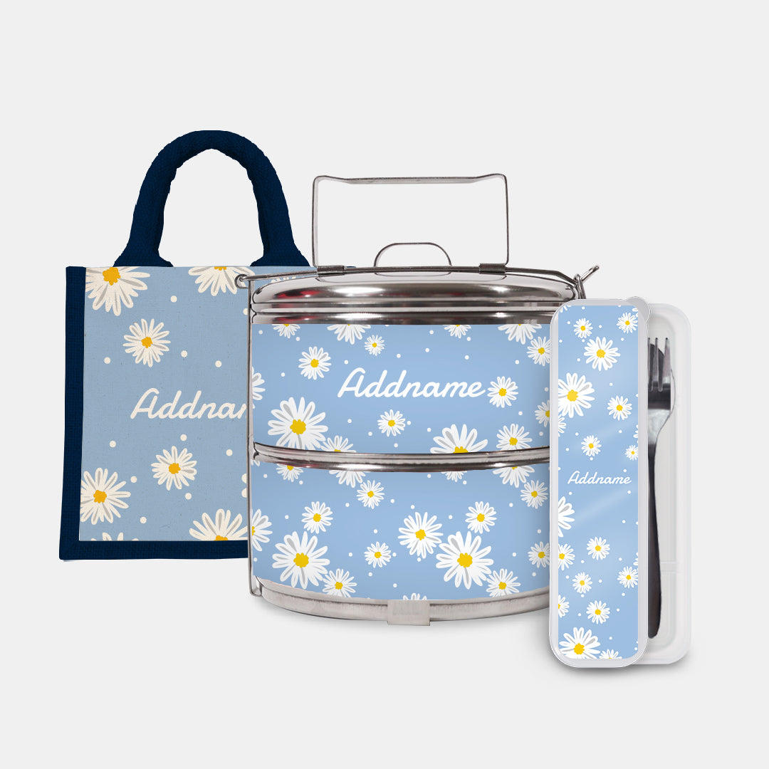 Daisy Series Half Lining Lunch Bag, Standard Two Tier Tiffin Carrier And Cutlery Set - Frost Navy