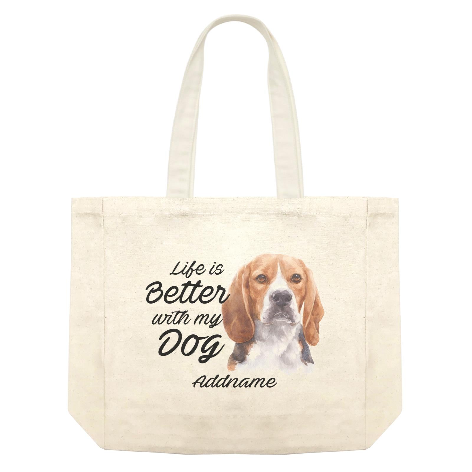 Watercolor Life is Better With My Dog Beagle Frown Addname Shopping Bag