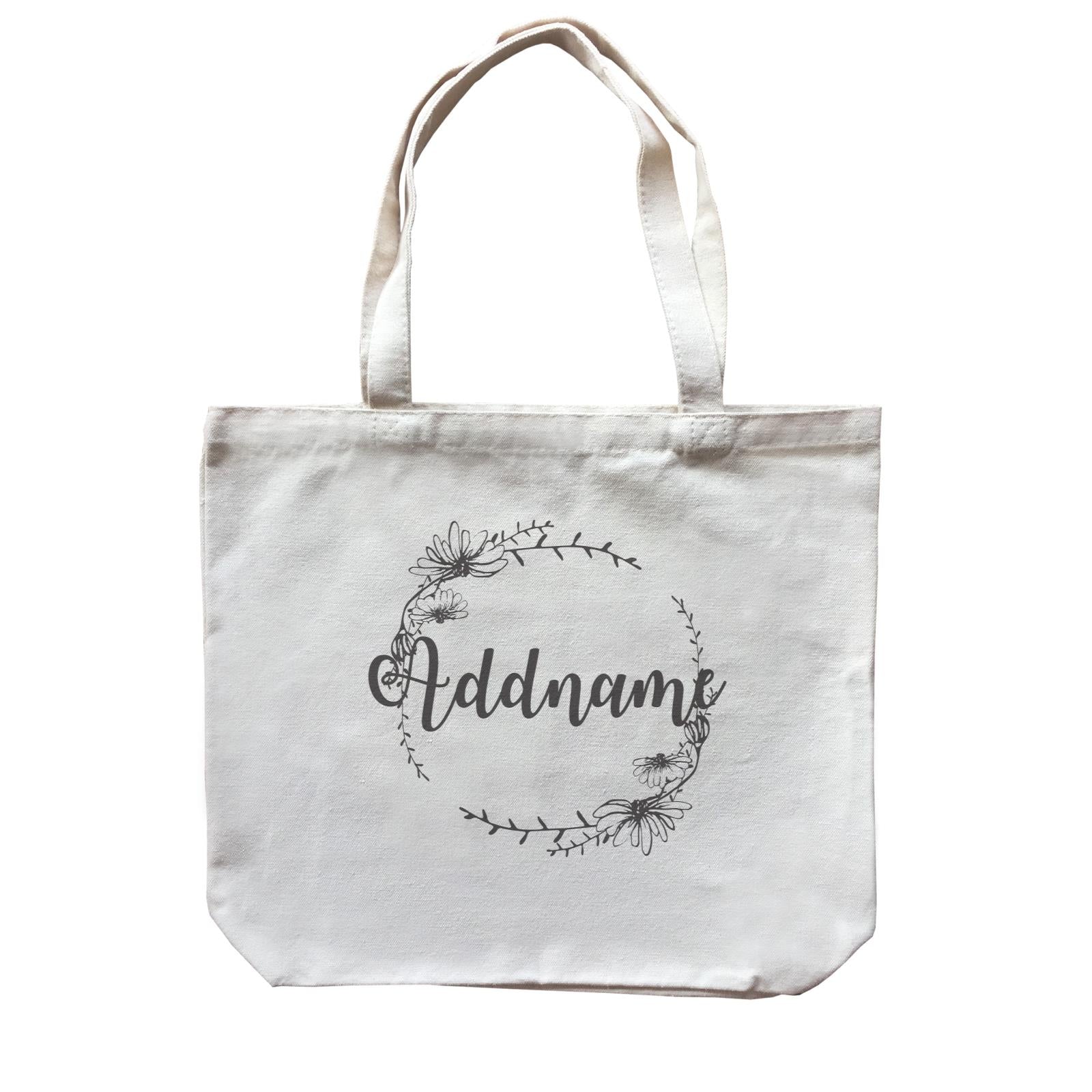 Bridesmaid Monochrome Floral and Leaves Wreath Addname Canvas Bag