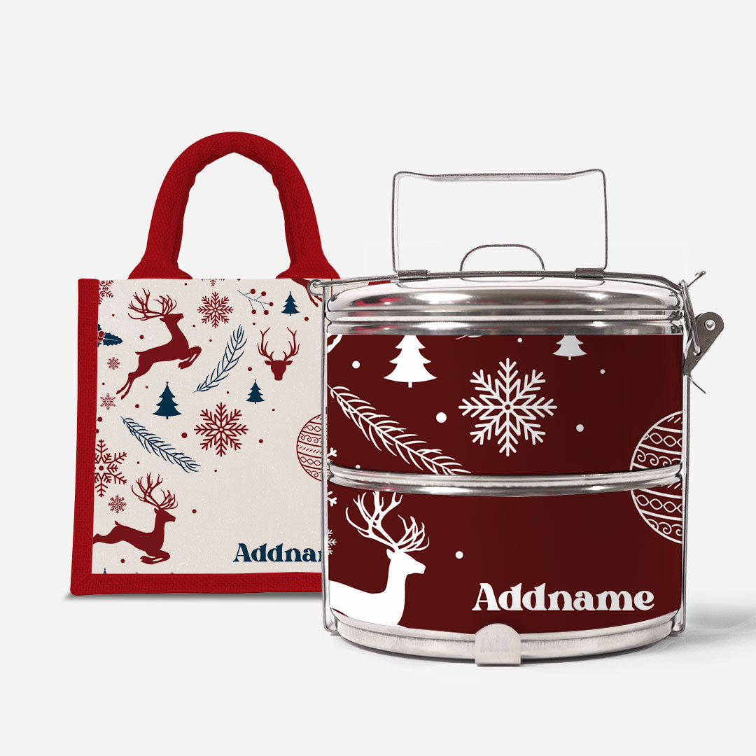 Christmas Series Standard Two Tier Tiffin  with Half Lining Lunch Bag Jubilant Reindeers Red