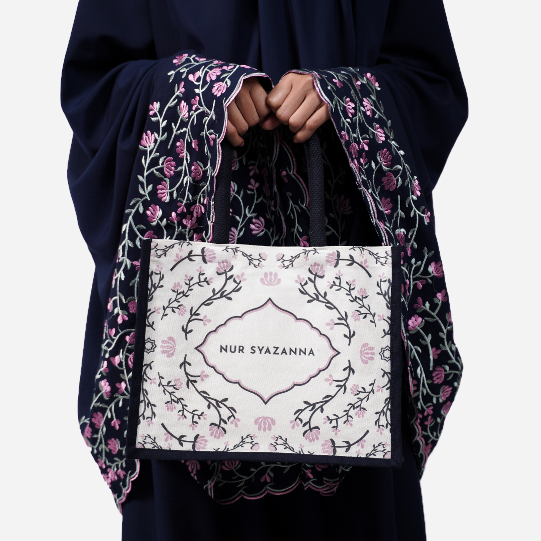 Dang Anum Series - Ancient Navy Blue Telekung with Half Lining Small Jute Bag