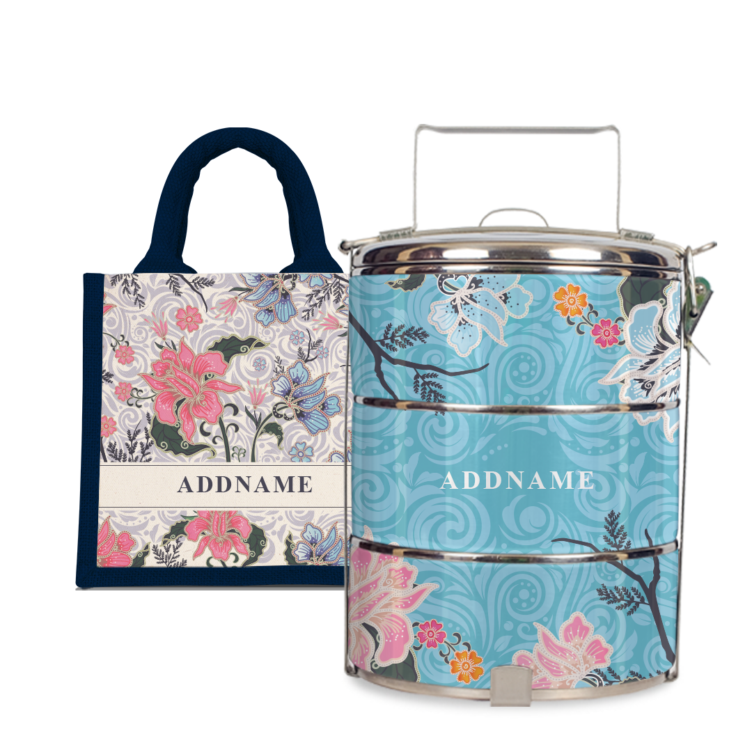 Modern Mahsuri Blue - Lunch Tote Bag with Three-Tier Tiffin Carrier