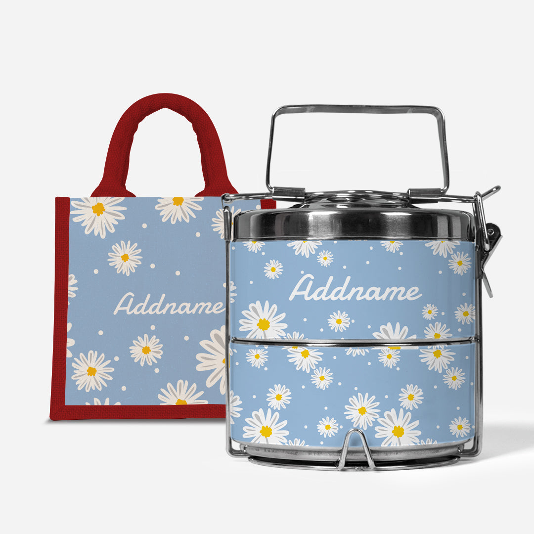 Daisy Series Half Lining Lunch Bag Wtih Premium Two Tier Tiffin Carrier - Frost
