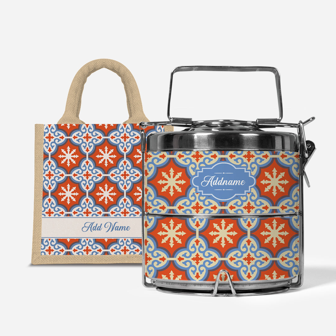 Moroccan Series Premium Two Tier Tiffin With Half Lining Lunch Bag  - Cherqi Natural