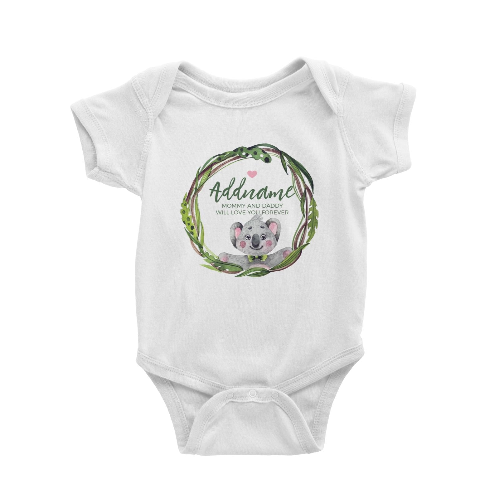 Watercolour Pink Koala Green Leaves Wreath Personalizable with Name and Text Baby Romper
