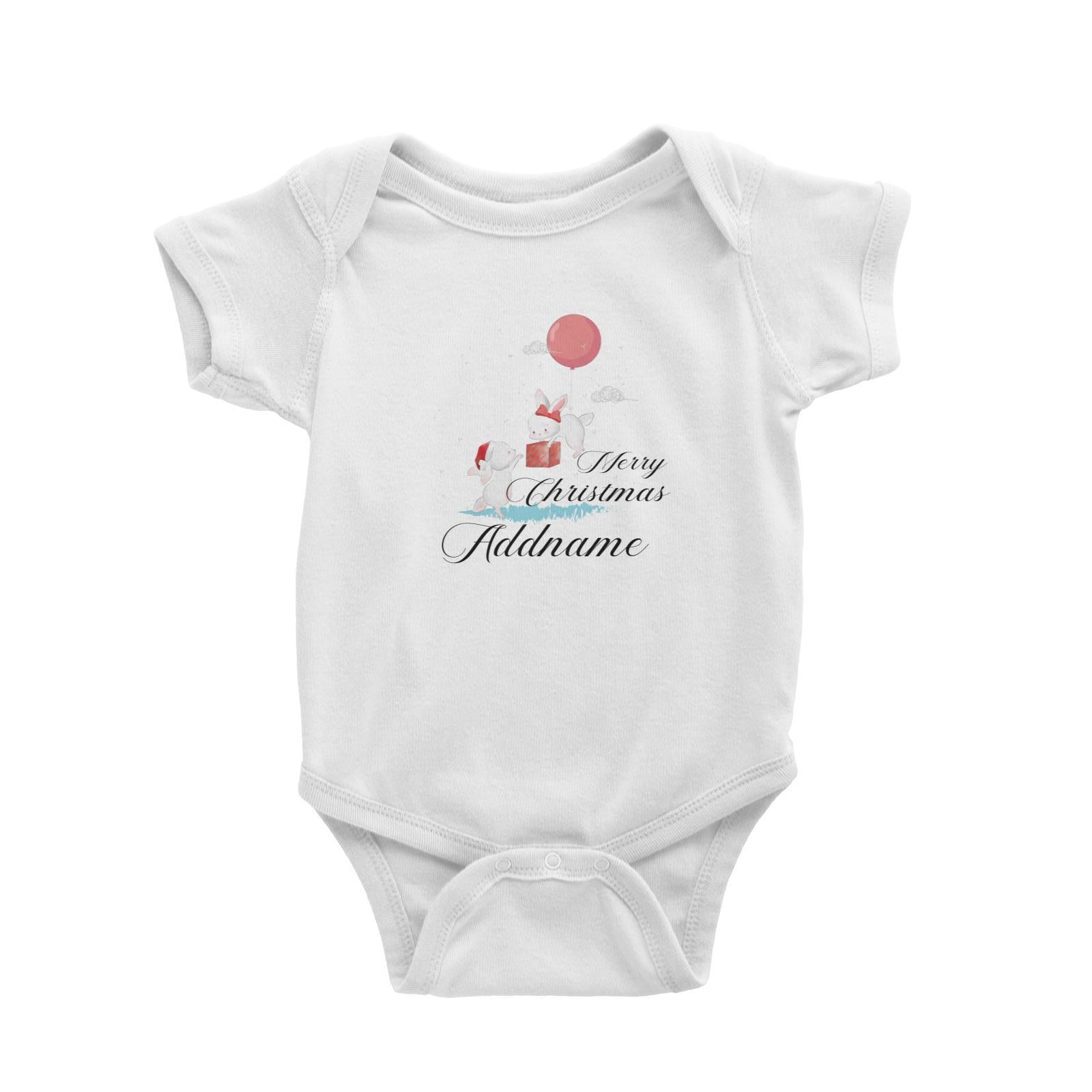 Christmas Cute Rabbits With Balloon Merry Christmas Addname Baby Romper