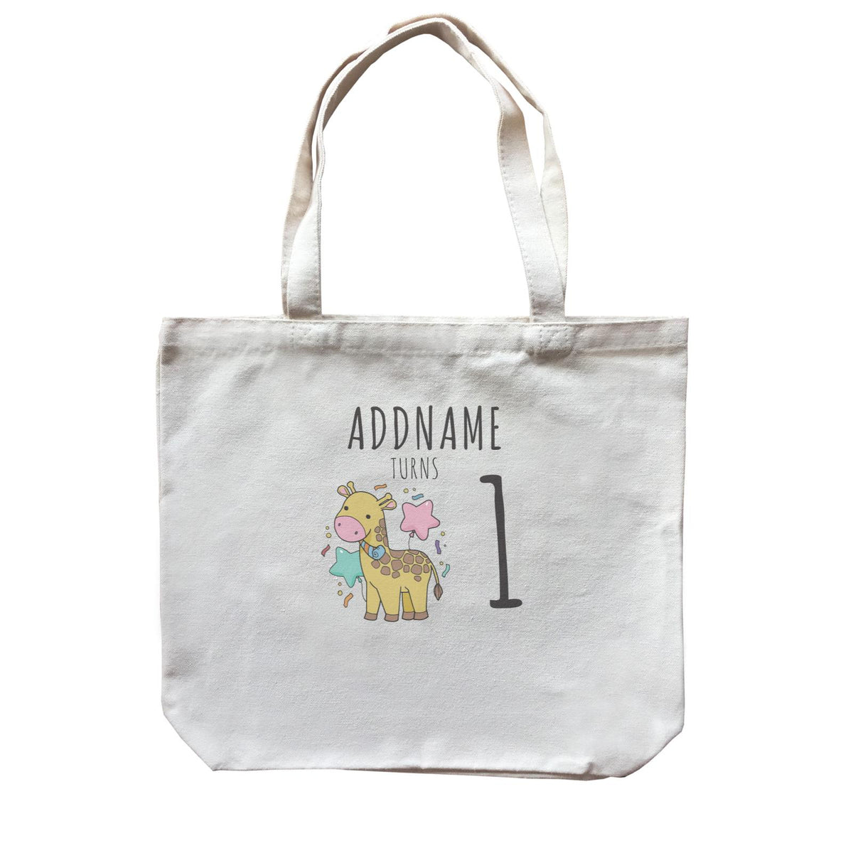Birthday Sketch Animals Giraffe with Party Horn Addname Turns 1 Canvas Bag
