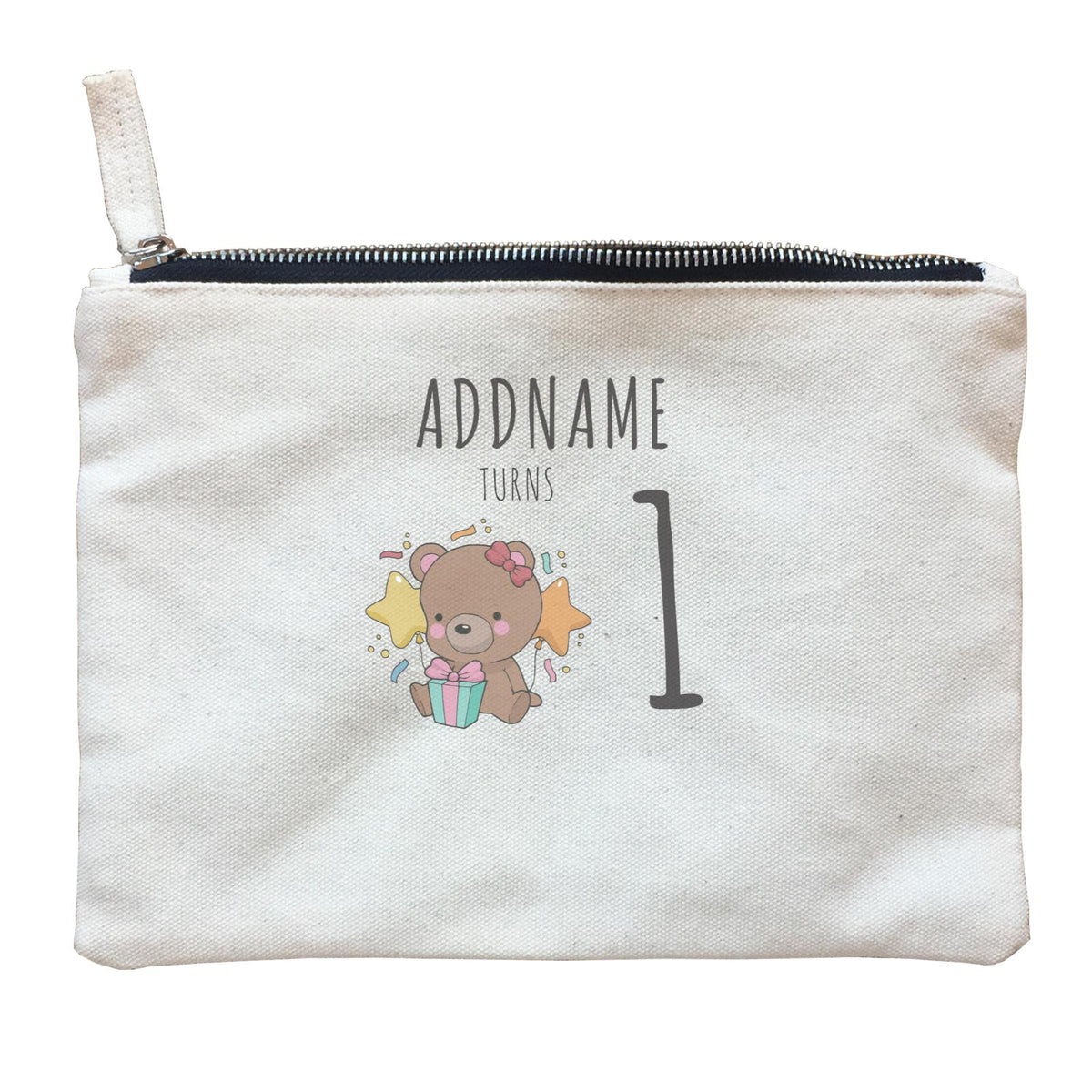 Birthday Sketch Animals Bear with Present Addname Turns 1 Zipper Pouch