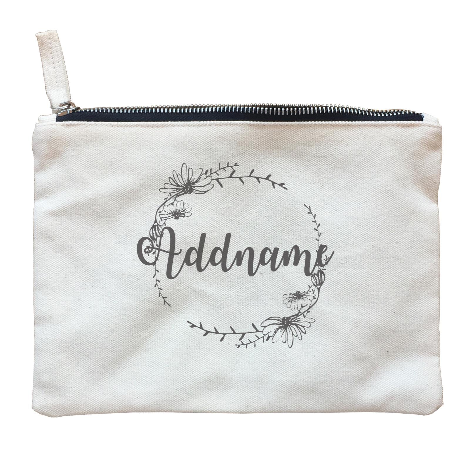 Bridesmaid Monochrome Floral and Leaves Wreath Addname Zipper Pouch