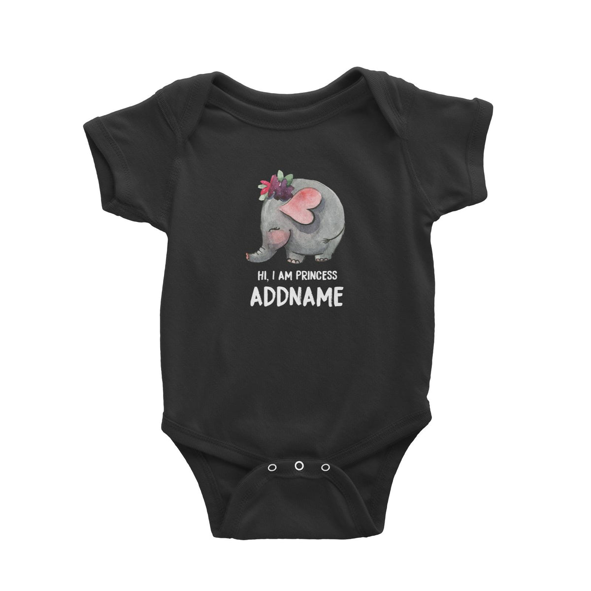 Watercolour Cute Princess Elephant with Addname Baby Romper