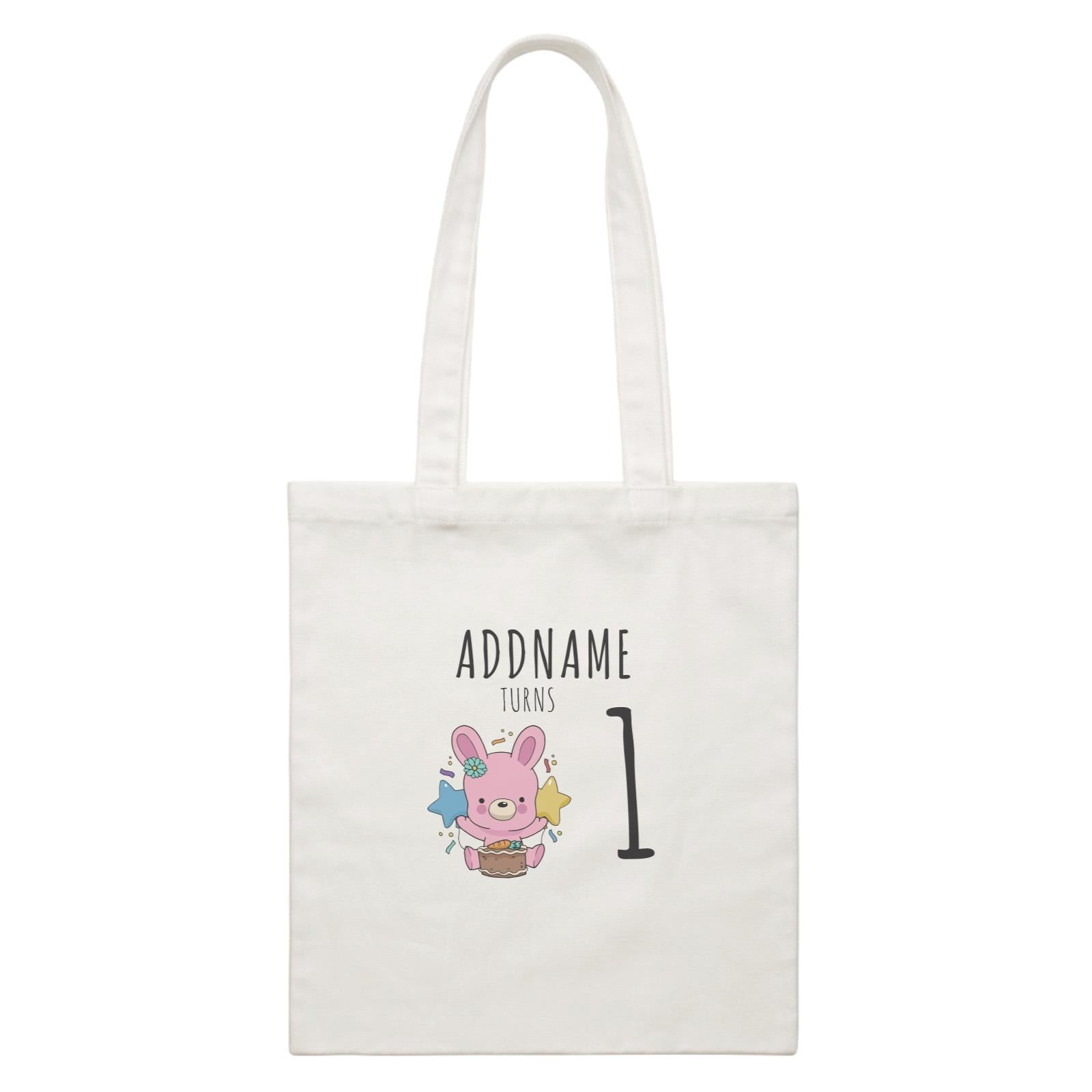 Birthday Sketch Animals Rabbit With Carrot Cake Addname Turns 1 White Canvas Bag